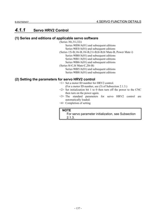 B-65270EN/07                                              4.SERVO FUNCTION DETAILS

4.1.1          Servo HRV2 Control

(1) Series and editions of applicable servo software
                            (Series 30i,31i,32i)
                                 Series 90D0/A(01) and subsequent editions
                                 Series 90E0/A(01) and subsequent editions
                            (Series 15i-B,16i-B,18i-B,21i-B,0i-B,0i Mate-B, Power Mate i)
                                 Series 90B0/A(01) and subsequent editions
                                 Series 90B1/A(01) and subsequent editions
                                 Series 90B6/A(01) and subsequent editions
                            (Series 0i-C,0i Mate-C,20i-B)
                                 Series 90B5/A(01) and subsequent editions
                                 Series 90B8/A(01) and subsequent editions

(2) Setting the parameters for servo HRV2 control
                            <1> Set a motor ID number for HRV2 control.
                                (For a motor ID number, see (3) of Subsection 2.1.3.)
                            <2> Set initialization bit 1 to 0 then turn off the power to the CNC
                                then turn on the power again.
                            <3> The standard parameters for servo HRV2 control are
                                automatically loaded.
                            <4> Completion of setting

                              NOTE
                                For servo parameter initialization, see Subsection
                                2.1.3.




                                        - 137 -
 