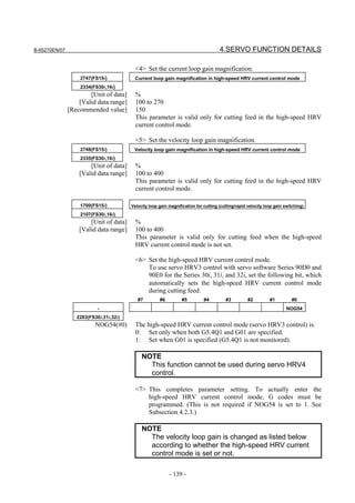 B-65270EN/07                                                                         4.SERVO FUNCTION DETAILS

                                          <4> Set the current loop gain magnification.
                   2747(FS15i)           Current loop gain magnification in high-speed HRV current control mode
                   2334(FS30i,16i)
                       [Unit of data]     %
                   [Valid data range]     100 to 270
               [Recommended value]        150
                                          This parameter is valid only for cutting feed in the high-speed HRV
                                          current control mode.

                                          <5> Set the velocity loop gain magnification.
                   2748(FS15i)           Velocity loop gain magnification in high-speed HRV current control mode
                   2335(FS30i,16i)
                       [Unit of data]     %
                   [Valid data range]     100 to 400
                                          This parameter is valid only for cutting feed in the high-speed HRV
                                          current control mode.

                   1700(FS15i)          Velocity loop gain magnification for cutting (cutting/rapid velocity loop gain switching)

                   2107(FS30i,16i)
                       [Unit of data]     %
                   [Valid data range]     100 to 400
                                          This parameter is valid only for cutting feed when the high-speed
                                          HRV current control mode is not set.

                                          <6> Set the high-speed HRV current control mode.
                                              To use servo HRV3 control with servo software Series 90D0 and
                                              90E0 for the Series 30i, 31i, and 32i, set the following bit, which
                                              automatically sets the high-speed HRV current control mode
                                              during cutting feed:
                                           #7         #6          #5         #4         #3          #2         #1         #0
                           -                                                                                            NOG54
                  2283(FS30i,31i,32i)
                          NOG54(#0)       The high-speed HRV current control mode (servo HRV3 control) is:
                                          0: Set only when both G5.4Q1 and G01 are specified.
                                          1: Set when G01 is specified (G5.4Q1 is not monitored).

                                             NOTE
                                               This function cannot be used during servo HRV4
                                               control.

                                          <7> This completes parameter setting. To actually enter the
                                              high-speed HRV current control mode, G codes must be
                                              programmed. (This is not required if NOG54 is set to 1. See
                                              Subsection 4.2.3.)

                                             NOTE
                                               The velocity loop gain is changed as listed below
                                               according to whether the high-speed HRV current
                                               control mode is set or not.

                                                           - 139 -
 