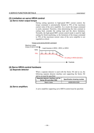 4.SERVO FUNCTION DETAILS                                                                       B-65270EN/07



(3) Limitation on servo HRV4 control
(a) Servo motor output torque
                                 During cutting operation in high-speed HRV current control, the
                                 torque command is automatically limited to 70% of the maximum
                                 current value of the servo amplifier. As a result, the torque command
                                 is easily saturated. Therefore, when determining the time constant in
                                 cutting feed, consider the cutting load and the above limitation.
                                 Normally, the high-speed HRV current control mode is used for light
                                 cutting for finish machining, so the limitation of the torque command
                                 to 70% of the maximum current value of the servo amplifier is not
                                 regarded as critical.

                           Torque curve during G5.4Q1 command
                 Maximum output
                 torque of servo motor
                                         t rapid traverse in HRV2 , HRV3, or HRV4
                              100%

                               70%


                                                                           At cutting in HRV4 (G5.4Q1)


                                                                                    Feedrate


(4) Servo HRV4 control hardware
(a) Separate detector
                                 When a separate detector is used with the Series 30i and so on, the
                                 following separate detector interface unit supporting the Series 30i
                                 and so on must be specified:
                                  Separate detector interface unit for
                                                                         Specification drawing number
                                      Series 30i and other CNC
                                             Basic 4 axes                       A02B-0303-C205


(b) Servo amplifiers
                                 A servo amplifier supporting servo HRV4 control must be specified.




                                              - 146 -
 