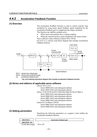 4.SERVO FUNCTION DETAILS                                                                                      B-65270EN/07



4.4.2          Acceleration Feedback Function

(1) Overview
                                         The acceleration feedback function is used to control velocity loop
                                         oscillation by using motor speed feedback signal multiplied by the
                                         acceleration feedback gain to compensate the torque command.
                                         This function can stabilize unstable servo :
                                         •     When motor and machine have a spring coupling.
                                         •     When the external inertia is great compared to the motor inertia.
                                         This is effective when vibration is about 50 to 150 Hz.
                                         Fig 4.4.2 is a velocity loop block diagram that includes acceleration
                                         feedback function.
                                                                                             Load inertia

                                                                                              1/(J1 • s)
                                                                Torque
                                                                                                            Spring
                                                                command filter
                                                                                                           coupling
        VCMD +                             +          +
                                PK1V/s                             A/(s + A)       Kt         1/(Jm • s)
                     −                           −         −
                                                                                 Torque      Motor inertia
                                                                                 constant

                                           PK2V       Ka • s




                                                                       Speed feedback
        PK1V : velocity loop integral gain
        PK2V : velocity loop proportional gain
        Ka : acceleration feedback gain
                 Fig. 4.4.2 Velocity loop block diagram that includes acceleration feedback function

(2) Series and editions of applicable servo software
                                         (Series 30i,31i,32i)
                                              Series 90D0/A(01) and subsequent editions
                                              Series 90E0/A(01) and subsequent editions
                                         (Series 15i-B,16i-B,18i-B,21i-B,0i-B,0i Mate-B, Power Mate i)
                                              Series 9096/A(01) and subsequent editions
                                              Series 90B0/A(01) and subsequent editions
                                              Series 90B1/A(01) and subsequent editions
                                              Series 90B6/A(01) and subsequent editions
                                         (Series 0i-C,0i Mate-C,20i-B)
                                              Series 90B5/A(01) and subsequent editions
                                              Series 90B8/A(01) and subsequent editions

(3) Setting parameters
                                         Specifying the following parameters as a negative value enables the
                                         acceleration feedback function.

                 1894 (FS15i)                                   Acceleration feedback gain
                 2066 (FS30i, 16i)
                [Valid data range]       -10 to -20

                                                      - 158 -
 