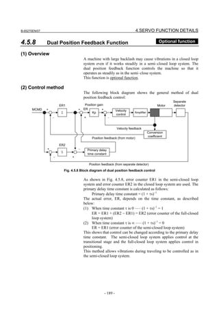 B-65270EN/07                                                                     4.SERVO FUNCTION DETAILS

4.5.8          Dual Position Feedback Function                                                      Optional function

(1) Overview
                                         A machine with large backlash may cause vibrations in a closed loop
                                         system even if it works steadily in a semi–closed loop system. The
                                         dual position feedback function controls the machine so that it
                                         operates as steadily as in the semi–close system.
                                         This function is optional function.

(2) Control method
                                         The following block diagram shows the general method of dual
                                         position feedback control:
                                                                                                           Separate
                       ER1                Position gain                                            Motor   detector
      MCMD     +                     +   ER           +             Velocity
                        Σ                      Kp                               Amplifier
                                                                    control
                   −                     +                   −


                                                                    Velocity feedback
                                                                                            Conversion
                                                                                            coefficient
                                                Position feedback (from motor)

                       ER2
               +                     −       Primary delay
                        Σ
                                             time constant
                   −             +

                                              Position feedback (from separate detector)
                            Fig. 4.5.8 Block diagram of dual position feedback control

                                         As shown in Fig. 4.5.8, error counter ER1 in the semi-closed loop
                                         system and error counter ER2 in the closed loop system are used. The
                                         primary delay time constant is calculated as follows:
                                              Primary delay time constant = (1 + τs)−1
                                         The actual error, ER, depends on the time constant, as described
                                         below:
                                         (1) When time constant τ is 0 ⋅⋅⋅⋅⋅⋅ (1 + τs)−1 = 1
                                              ER = ER1 + (ER2 − ER1) = ER2 (error counter of the full-closed
                                              loop system)
                                         (2) When time constant τ is ∞ ⋅⋅⋅⋅⋅⋅ (1 + τs)−1 = 0
                                              ER = ER1 (error counter of the semi-closed loop system)
                                         This shows that control can be changed according to the primary delay
                                         time constant. The semi-closed loop system applies control at the
                                         transitional stage and the full-closed loop system applies control in
                                         positioning.
                                         This method allows vibrations during traveling to be controlled as in
                                         the semi-closed loop system.




                                                          - 189 -
 