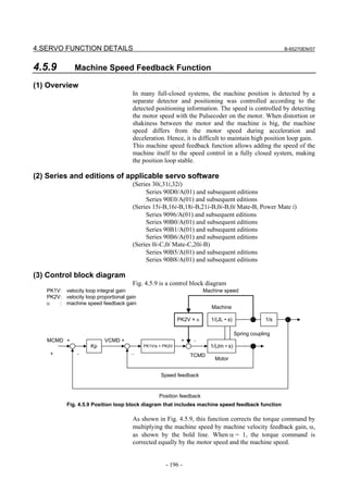 4.SERVO FUNCTION DETAILS                                                                                B-65270EN/07



4.5.9         Machine Speed Feedback Function

(1) Overview
                                      In many full-closed systems, the machine position is detected by a
                                      separate detector and positioning was controlled according to the
                                      detected positioning information. The speed is controlled by detecting
                                      the motor speed with the Pulsecoder on the motor. When distortion or
                                      shakiness between the motor and the machine is big, the machine
                                      speed differs from the motor speed during acceleration and
                                      deceleration. Hence, it is difficult to maintain high position loop gain.
                                      This machine speed feedback function allows adding the speed of the
                                      machine itself to the speed control in a fully closed system, making
                                      the position loop stable.

(2) Series and editions of applicable servo software
                                      (Series 30i,31i,32i)
                                           Series 90D0/A(01) and subsequent editions
                                           Series 90E0/A(01) and subsequent editions
                                      (Series 15i-B,16i-B,18i-B,21i-B,0i-B,0i Mate-B, Power Mate i)
                                           Series 9096/A(01) and subsequent editions
                                           Series 90B0/A(01) and subsequent editions
                                           Series 90B1/A(01) and subsequent editions
                                           Series 90B6/A(01) and subsequent editions
                                      (Series 0i-C,0i Mate-C,20i-B)
                                           Series 90B5/A(01) and subsequent editions
                                           Series 90B8/A(01) and subsequent editions

(3) Control block diagram
                                      Fig. 4.5.9 is a control block diagram
   PK1V: velocity loop integral gain                                  Machine speed
   PK2V: velocity loop proportional gain
   α   : machine speed feedback gain
                                                                         Machine

                                                           PK2V × α     1/(JL • s)                1/s

                                                                                     Spring coupling
   MCMD +                 VCMD +                            +   −
                     Kp                    PK1V/s + PK2V                1/(Jm • s)
    +          −                      −                         TCMD
                                                                          Motor


                                                  Speed feedback


                                                  Position feedback
           Fig. 4.5.9 Position loop block diagram that includes machine speed feedback function

                                      As shown in Fig. 4.5.9, this function corrects the torque command by
                                      multiplying the machine speed by machine velocity feedback gain, α,
                                      as shown by the bold line. When α = 1, the torque command is
                                      corrected equally by the motor speed and the machine speed.


                                                     - 196 -
 