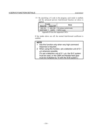 4.SERVO FUNCTION DETAILS                                                            B-65270EN/07



                       <3> By specifying a G code in the program, each mode is enabled,
                           and the advanced preview feed-forward function set above is
                           applied.
                                       G code
                                                                           Mode
                                 Mode ON    Mode OFF
                                  G05.1Q1       G05.1Q0   AI contour control mode
                                 G05P10000       G05P0    HPCC mode
                             *      Appendix D lists the supported CNCs.

                       If the modes above are off, the normal feed-forward coefficient is
                       enabled.

                           NOTE
                           1 Use this function only when very high command
                             response is required.
                           2 When using this function, set a detection unit of 0.1
                             µm wherever possible.
                             (To set a detection unit of 0.1 µm, the IS-C system
                             must be used, or the CMR and flexible feed gear
                             must be multiplied by 10 with the IS-B system.)




                                      - 210 -
 