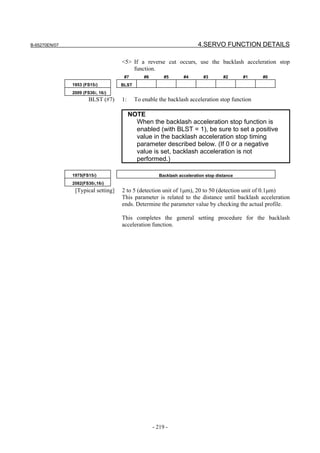 B-65270EN/07                                                            4.SERVO FUNCTION DETAILS

                                    <5> If a reverse cut occurs, use the backlash acceleration stop
                                        function.
                                     #7        #6        #5      #4        #3       #2      #1   #0
               1953 (FS15i)         BLST
               2009 (FS30i, 16i)
                       BLST (#7)    1:     To enable the backlash acceleration stop function

                                         NOTE
                                           When the backlash acceleration stop function is
                                           enabled (with BLST = 1), be sure to set a positive
                                           value in the backlash acceleration stop timing
                                           parameter described below. (If 0 or a negative
                                           value is set, backlash acceleration is not
                                           performed.)

               1975(FS15i)                            Backlash acceleration stop distance
               2082(FS30i,16i)
                [Typical setting]   2 to 5 (detection unit of 1µm), 20 to 50 (detection unit of 0.1µm)
                                    This parameter is related to the distance until backlash acceleration
                                    ends. Determine the parameter value by checking the actual profile.

                                    This completes the general setting procedure for the backlash
                                    acceleration function.




                                                    - 219 -
 