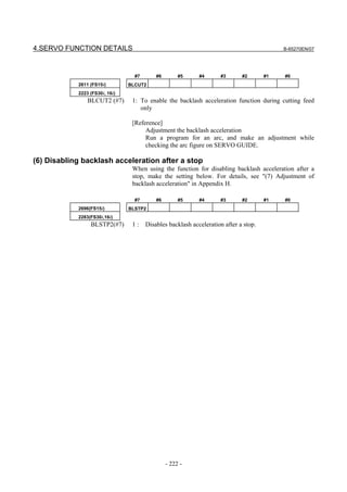 4.SERVO FUNCTION DETAILS                                                                   B-65270EN/07




                                  #7       #6        #5     #4      #3       #2       #1   #0
            2611 (FS15i)        BLCUT2
            2223 (FS30i, 16i)
                BLCUT2 (#7)      1: To enable the backlash acceleration function during cutting feed
                                    only

                                 [Reference]
                                      Adjustment the backlash acceleration
                                      Run a program for an arc, and make an adjustment while
                                      checking the arc figure on SERVO GUIDE.

(6) Disabling backlash acceleration after a stop
                                 When using the function for disabling backlash acceleration after a
                                 stop, make the setting below. For details, see "(7) Adjustment of
                                 backlash acceleration" in Appendix H.

                                  #7       #6        #5     #4      #3       #2       #1   #0
            2696(FS15i)         BLSTP2
            2283(FS30i,16i)
                 BLSTP2(#7)      1:    Disables backlash acceleration after a stop.




                                                - 222 -
 