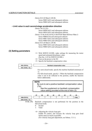 4.SERVO FUNCTION DETAILS                                                                    B-65270EN/07



                                 (Series 0i-C,0i Mate-C,20i-B)
                                      Series 90B5/A(01) and subsequent editions
                                      Series 90B8/A(01) and subsequent editions

   - Limit value in each second-stage acceleration direction
                                 (Series 30i,31i,32i)
                                      Series 90D0/A(01) and subsequent editions
                                      Series 90E0/A(01) and subsequent editions
                                 (Series 15i-B,16i-B,18i-B,21i-B,0i-B,0i Mate-B,Power Mate i)
                                      Series 90B0/J(10) and subsequent editions
                                      Series 90B1/A(01) and subsequent editions
                                      Series 90B6/A(01) and subsequent editions
                                 (Series 0i-C,0i Mate-C,20i-B)
                                      Series 90B5/A(01) and subsequent editions
                                      Series 90B8/A(01) and subsequent editions

(3) Setting parameters
                                 <1> With SERVO GUIDE, make settings for measuring the motor
                                     speed and estimated disturbance value.
                                     (See Sec. 4.22 for SERVO GUIDE.)
                                 <2> Turn on the power to the NC.
                                 <3> Specify the backlash compensation value.

             1851 (FS15i)                             Backlash compensation value
             1851 (FS30i, 16i)
                                       For semi-closed mode, specify the machine backlash (minimum of
                                       1).
                                       For full-closed mode, specify 1. When the backlash compensation
                                       value is not to be reflected in the position, enable the function
                                       below additionally.

                                 NOTE
                                   Be sure to set a positive backlash compensation value.
                                   (Tip)
                                       See the supplement on backlash compensation
                                       value setting provided at the end of Item (3).

                                  #7        #6        #5      #4      #3       #2   #1       #0
             1884 (FS15i)                                                                  FCBL
             2006 (FS30i, 16i)
                    FCBL (#0)    Backlash compensation is not performed for the position in the
                                 full-closed mode.
                                 0: Invalid
                                 1: Valid

                                 <4> Adjusting the velocity loop gain
                                     Enable PI control, and increase the velocity loop gain (load
                                     inertia ratio) as much as possible.
                                     (For velocity loop gain adjustment, see Subsec. 3.3.1.)


                                                 - 224 -
 