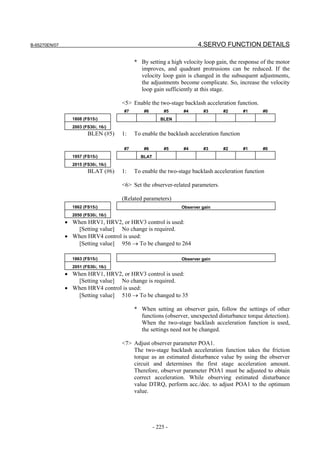 B-65270EN/07                                                        4.SERVO FUNCTION DETAILS

                                          * By setting a high velocity loop gain, the response of the motor
                                            improves, and quadrant protrusions can be reduced. If the
                                            velocity loop gain is changed in the subsequent adjustments,
                                            the adjustments become complicate. So, increase the velocity
                                            loop gain sufficiently at this stage.

                                     <5> Enable the two-stage backlash acceleration function.
                                     #7       #6        #5    #4      #3        #2       #1     #0
                 1808 (FS15i)                         BLEN
                 2003 (FS30i, 16i)
                        BLEN (#5)    1:   To enable the backlash acceleration function

                                     #7       #6        #5    #4      #3        #2       #1     #0
                 1957 (FS15i)               BLAT
                 2015 (FS30i, 16i)
                        BLAT (#6)    1:   To enable the two-stage backlash acceleration function

                                     <6> Set the observer-related parameters.

                                     (Related parameters)
                 1862 (FS15i)                                Observer gain
                 2050 (FS30i, 16i)
               • When HRV1, HRV2, or HRV3 control is used:
                  [Setting value] No change is required.
               • When HRV4 control is used:
                  [Setting value] 956 → To be changed to 264

                 1863 (FS15i)                                Observer gain
                 2051 (FS30i, 16i)
               • When HRV1, HRV2, or HRV3 control is used:
                  [Setting value] No change is required.
               • When HRV4 control is used:
                  [Setting value] 510 → To be changed to 35

                                          * When setting an observer gain, follow the settings of other
                                            functions (observer, unexpected disturbance torque detection).
                                            When the two-stage backlash acceleration function is used,
                                            the settings need not be changed.

                                     <7> Adjust observer parameter POA1.
                                         The two-stage backlash acceleration function takes the friction
                                         torque as an estimated disturbance value by using the observer
                                         circuit and determines the first stage acceleration amount.
                                         Therefore, observer parameter POA1 must be adjusted to obtain
                                         correct acceleration. While observing estimated disturbance
                                         value DTRQ, perform acc./dec. to adjust POA1 to the optimum
                                         value.




                                                   - 225 -
 