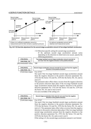 4.SERVO FUNCTION DETAILS                                                                                           B-65270EN/07


   Second stage                                                         Second stage
                                          Second stage
   acceleration amount                                                  acceleration amount
                                          acceleration amount
                                                                 Limit value:
                                                                 No.2338

             Gradient:
             No.2114

Intercept:
No.2039
                                               Acceleration                                                       Acceleration


     Measurement         Measurement    Measurement                      Measurement     Measurement    Measurement
     point A             point B        point C                          point A         point B        point C

  If there is no sufficient acceleration amount at                       An optimum acceleration amount will be
  measurement point B, there remains a quadrant protrusion.              obtained at all measurement points.

 Fig. 4.6.7 (f) Override adjustment for the second stage acceleration amount of two-stage backlash acceleration

                                             <12>Direction-specific setting for second stage acceleration
                                                 If the optimum second stage acceleration amount varies
                                                 depending on the direction in which turn-over occurs, specify the
                                                 following parameters.
                    2752 (FS15i)                Two-stage backlash second stage acceleration amount override for
                                                  turn-over from the negative direction to the positive direction
                    2339 (FS30i, 16i)
               [Recommended value]           100

                    2753 (FS15i)            Second stage acceleration amount override for turn-over from the negative
                                                               direction to the positive direction
                    2340 (FS30i, 16i)
                    [Valid data range]       0 to 32767
                                             Not used if the two-stage backlash second stage acceleration amount
                                             from the negative direction to the positive direction (parameter No.
                                             2752 (for the Series 15i) and No. 2339 (for the Series 30i, 16i, and so
                                             on)) is 0.
                                             This parameter takes effect when a reverse from the negative direction
                                             to the positive direction takes place if the two-stage backlash second
                                             stage acceleration amount from the negative direction to the positive
                                             direction (parameter No. 2752 (for the Series 15i) and No. 2339 (for
                                             the Series 30i, 16i, and so on)) is not 0.
                                             It is not overridden if the setting is 0.

                    2754 (FS15i)               Second stage acceleration limit value for turn-over from the negative
                                                               direction to the positive direction
                    2341 (FS30i, 16i)
                    [Valid data range]       0 to 32767
                                             Not used if the two-stage backlash second stage acceleration amount
                                             from the negative direction to the positive direction (parameter No.
                                             2752 (for the Series 15i) and No. 2339 (for the Series 30i, 16i, and so
                                             on)) is 0. This parameter takes effect when a reverse from the negative
                                             direction to the positive direction takes place if the two-stage backlash
                                             second stage acceleration amount from the negative direction to the
                                             positive direction (parameter No. 2752 (for the Series 15i) and No.
                                             2339 (for the Series 30i, 16i, and so on)) is not 0.
                                             If the setting is 0, the second stage acceleration amount is not limited.

                                                              - 234 -
 