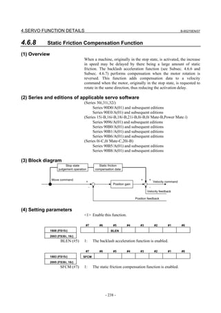 4.SERVO FUNCTION DETAILS                                                                                     B-65270EN/07



4.6.8      Static Friction Compensation Function

(1) Overview
                                      When a machine, originally in the stop state, is activated, the increase
                                      in speed may be delayed by there being a large amount of static
                                      friction. The backlash acceleration function (see Subsec. 4.6.6 and
                                      Subsec. 4.6.7) performs compensation when the motor rotation is
                                      reversed. This function adds compensation data to a velocity
                                      command when the motor, originally in the stop state, is requested to
                                      rotate in the same direction, thus reducing the activation delay.

(2) Series and editions of applicable servo software
                                      (Series 30i,31i,32i)
                                           Series 90D0/A(01) and subsequent editions
                                           Series 90E0/A(01) and subsequent editions
                                      (Series 15i-B,16i-B,18i-B,21i-B,0i-B,0i Mate-B,Power Mate i)
                                           Series 9096/A(01) and subsequent editions
                                           Series 90B0/A(01) and subsequent editions
                                           Series 90B1/A(01) and subsequent editions
                                           Series 90B6/A(01) and subsequent editions
                                      (Series 0i-C,0i Mate-C,20i-B)
                                           Series 90B5/A(01) and subsequent editions
                                           Series 90B8/A(01) and subsequent editions

(3) Block diagram
                          Stop state              Static friction
                     judgement operation        compensation data


                Move command                                                     +    +
                                       +                                                  Velocity command
                                                             Position gain
                                           −                                          −
                                                                                     Velocity feedback

                                                                             Position feedback


(4) Setting parameters
                                      <1> Enable this function.

                                       #7          #6        #5        #4       #3        #2       #1        #0
               1808 (FS15i)                                BLEN
               2003 (FS30i, 16i)
                      BLEN (#5)       1:       The backlash acceleration function is enabled.

                                       #7          #6        #5        #4       #3        #2       #1        #0
               1883 (FS15i)          SFCM
               2005 (FS30i, 16i)
                      SFCM (#7)       1:       The static friction compensation function is enabled.




                                                        - 238 -
 