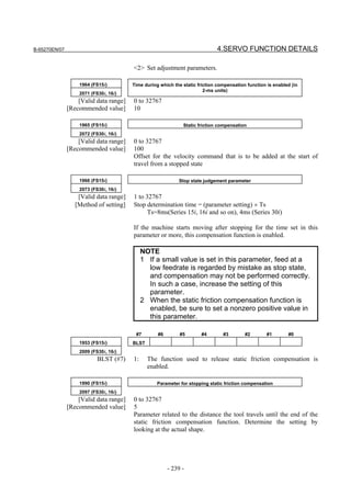 B-65270EN/07                                                                  4.SERVO FUNCTION DETAILS

                                        <2> Set adjustment parameters.

                   1964 (FS15i)         Time during which the static friction compensation function is enabled (in
                                                                        2-ms units)
                   2071 (FS30i, 16i)
                   [Valid data range]   0 to 32767
               [Recommended value]      10

                   1965 (FS15i)                               Static friction compensation
                   2072 (FS30i, 16i)
                   [Valid data range]   0 to 32767
               [Recommended value]      100
                                        Offset for the velocity command that is to be added at the start of
                                        travel from a stopped state

                   1966 (FS15i)                             Stop state judgement parameter
                   2073 (FS30i, 16i)
                   [Valid data range]   1 to 32767
                  [Method of setting]   Stop determination time = (parameter setting) × Ts
                                              Ts=8ms(Series 15i, 16i and so on), 4ms (Series 30i)

                                        If the machine starts moving after stopping for the time set in this
                                        parameter or more, this compensation function is enabled.

                                             NOTE
                                             1 If a small value is set in this parameter, feed at a
                                               low feedrate is regarded by mistake as stop state,
                                               and compensation may not be performed correctly.
                                               In such a case, increase the setting of this
                                               parameter.
                                             2 When the static friction compensation function is
                                               enabled, be sure to set a nonzero positive value in
                                               this parameter.

                                         #7        #6        #5       #4        #3        #2        #1       #0
                   1953 (FS15i)         BLST
                   2009 (FS30i, 16i)
                           BLST (#7)    1:     The function used to release static friction compensation is
                                               enabled.

                   1990 (FS15i)                    Parameter for stopping static friction compensation
                   2097 (FS30i, 16i)
                   [Valid data range]   0 to 32767
               [Recommended value]      5
                                        Parameter related to the distance the tool travels until the end of the
                                        static friction compensation function. Determine the setting by
                                        looking at the actual shape.




                                                        - 239 -
 