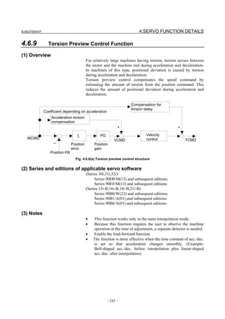 B-65270EN/07                                                              4.SERVO FUNCTION DETAILS

4.6.9            Torsion Preview Control Function

(1) Overview
                                           For relatively large machines having torsion, torsion occurs between
                                           the motor and the machine end during acceleration and deceleration.
                                           In machines of this type, positional deviation is caused by torsion
                                           during acceleration and deceleration.
                                           Torsion preview control compensates the speed command by
                                           estimating the amount of torsion from the position command. This
                                           reduces the amount of positional deviation during acceleration and
                                           deceleration.

                                                                      Compensation for
                                                                      torsion delay
               Coefficient depending on acceleration
                   Acceleration torsion
                   compensation
                                                              +                                   +

                                   Σ               PG                          Velocity
   MCMD                                                                        control                TCMD
                                                            VCMD
                    －           Position       Position
                                error          gain
                  Position FB
                                  Fig. 4.6.9(a) Torsion preview control structure

(2) Series and editions of applicable servo software
                                           (Series 30i,31i,32i)
                                                Series 90D0/M(13) and subsequent editions
                                                Series 90E0/M(13) and subsequent editions
                                           (Series 15i-B,16i-B,18i-B,21i-B)
                                                Series 90B0/W(23) and subsequent editions
                                                Series 90B1/A(01) and subsequent editions
                                                Series 90B6/A(01) and subsequent editions

(3) Notes
                                           •   This function works only in the nano interpolation mode.
                                           •   Because this function requires the user to observe the machine
                                               operation at the time of adjustment, a separate detector is needed.
                                           •   Enable the feed-forward function.
                                           •   The function is more effective when the time constant of acc./dec.
                                               is set so that acceleration changes smoothly. (Example:
                                               Bell-shaped acc./dec. before interpolation plus linear-shaped
                                               acc./dec. after interpolation)




                                                        - 241 -
 