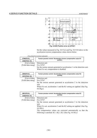 4.SERVO FUNCTION DETAILS                                                                          B-65270EN/07




                                                                    Actual speed


                                                        60
                                                                                          45




                                                             100 pulses               Position
                                                             =10µm                    error


                                                   Fig. 4.6.9(f) Position error at LSTAC1

                                Set the values measured in Fig. 4.6.9 (e) and Fig. 4.6.9 (f) above in the
                                acceleration torsion compensation values shown below.

                   (Acceleration torsion amount)
           2799(FS15i)            Torsion preview control: Acceleration torsion compensation value K1
                                                                (LSTK1)
           2386(FS30i,16i)
              [Unit of data]    Detection unit
          [Valid data raneg]    0 to 32767
                                Set the torsion amount generated at acceleration 1 in the detection unit.
                                When 0 is set, compensation is disabled.

           2800(FS15i)            Torsion preview control: Acceleration torsion compensation value K2
                                                                (LSTK2)
           2387(FS30i,16i)
              [Unit of data]    Detection unit
          [Valid data raneg]    0 to 32767
                                Set the torsion amount generated at acceleration 2 in the detection
                                unit.
                                When 0 is set, acceleration 1 and the K1 setting are applied. (See Fig.
                                4.6.9(g).)

           2801(FS15i)            Torsion preview control: Acceleration torsion compensation value K3
                                                                (LSTK3)
           2388(FS30i,16i)
              [Unit of data]    Detection unit
          [Valid data raneg]    0 to 32767
                                Set the torsion amount generated at acceleration 3 in the detection
                                unit.
                                When 0 is set, acceleration 2 and the K2 setting are applied. (See Fig.
                                4.6.9(h).)
                                The compensation values are corrected automatically so that the
                                following is satisfied: K1 ≤ K2 ≤ K3. (See Fig. 4.6.9(i).)




                                              - 246 -
 