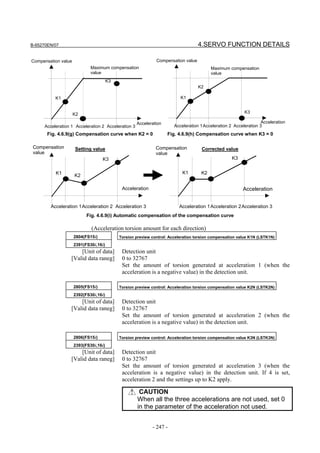 B-65270EN/07                                                                       4.SERVO FUNCTION DETAILS

Compensation value                                            Compensation value
                             Maximum compensation                                        Maximum compensation
                             value                                                       value
                                       K3
                                                                                   K2

           K1                                                             K1


                     K2                                                                                   K3

                                                     Acceleration                                                 Acceleration
      Acceleration 1 Acceleration 2 Acceleration 3                     Acceleration 1Acceleration 2 Acceleration 3
       Fig. 4.6.9(g) Compensation curve when K2 = 0                 Fig. 4.6.9(h) Compensation curve when K3 = 0

 Compensation        Setting value                            Compensation          Corrected value
 value                                                        value
                                   K3                                                              K3


           K1                                                              K1       K2
                     K2

                                             Acceleration                                                Acceleration


         Acceleration 1 Acceleration 2 Acceleration 3                    Acceleration 1 Acceleration 2 Acceleration 3
                           Fig. 4.6.9(i) Automatic compensation of the compensation curve

                             (Acceleration torsion amount for each direction)
                     2804(FS15i)            Torsion preview control: Acceleration torsion compensation value K1N (LSTK1N)
                     2391(FS30i,16i)
                       [Unit of data]        Detection unit
                   [Valid data raneg]        0 to 32767
                                             Set the amount of torsion generated at acceleration 1 (when the
                                             acceleration is a negative value) in the detection unit.

                     2805(FS15i)            Torsion preview control: Acceleration torsion compensation value K2N (LSTK2N)
                     2392(FS30i,16i)
                       [Unit of data]        Detection unit
                   [Valid data raneg]        0 to 32767
                                             Set the amount of torsion generated at acceleration 2 (when the
                                             acceleration is a negative value) in the detection unit.

                     2806(FS15i)            Torsion preview control: Acceleration torsion compensation value K3N (LSTK3N)
                     2393(FS30i,16i)
                       [Unit of data]        Detection unit
                   [Valid data raneg]        0 to 32767
                                             Set the amount of torsion generated at acceleration 3 (when the
                                             acceleration is a negative value) in the detection unit. If 4 is set,
                                             acceleration 2 and the settings up to K2 apply.

                                                      CAUTION
                                                     When all the three accelerations are not used, set 0
                                                     in the parameter of the acceleration not used.


                                                            - 247 -
 