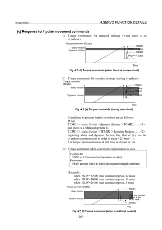 B-65270EN/07                                                  4.SERVO FUNCTION DETAILS

 (c) Response to 1 pulse movement commands
                          (i)    Torque commands for standard settings (when there is no
                                 overshoot)
                                Torque command (TCMD)
                                                                                             TCMD1
                                    Static friction
                                                                                       PK1V × 1 pulse
                                  Dynamic friction
                                                                                             TCMD2
                                                                                       PK2V × 1 pulse



                                                                                            Time

                                   Fig. 4.7 (d) Torque commands (when there is no overshoot)


                          (ii) Torque commands for standard settings (during overshoot)
                           Torque command
                           (TCMD)                                                          TCMD1
                                    Static friction                                  PK1V × 1 pulse
                                                                                           TCMD2
                                 Dynamic friction                                    PK2V × 1 pulse



                                                                                            Time

                                          Fig. 4.7 (e) Torque commands (during overshoot)


                                 Conditions to prevent further overshoot are as follows.
                                 When
                                 TCMD1 > static friction > dynamic friction > TCMD2…… <1>
                                 and there is a relationship there to
                                 TCMD1 > static friction > TCMD2 > dynamic friction…… <2>
                                 regarding static and dynamic friction like that of (ii), use the
                                 overshoot compensation in order to make <2> into <1>.
                                 The torque command status at that time is shown in (iii).

                          (iii) Torque command when overshoot compensation is used
                                   Function bit
                                     OVSC = 1 (Overshoot compensation is valid)
                                   Parameter
                                     PK3V: around 30000 to 25000 (Incomplete integral coefficient)


                                 (Example)
                                     when PK3V=32000 time constant approx. 42 msec
                                     when PK3V=30000 time constant approx. 11 msec
                                     when PK3V=25000 time constant approx. 4 msec
                                Torque command (TCMD)
                                                                                       TCMD1
                                     Static friction

                                                                                       This time constant
                                                                                       is fixed at the
                                  Dynamic friction                                     PK3V value.
                                                                                       TCMD2

                                                                                     Time

                                      Fig. 4.7 (f) Torque command (when overshoot is used)

                                            - 253 -
 