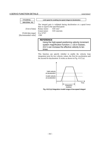 4.SERVO FUNCTION DETAILS                                                                             B-65270EN/07



           1715 (FS15i)               Limit speed for enabling low-speed integral at deceleration
           2030 (FS30i, 16i)
                                The integral gain is validated during deceleration at a speed lower
                                than or equal to the specified speed.
               [Unit of data]   Rotary motor:       0.01 min-1
                                Linear motor:       0.01 mm/min
           [Valid data range]   0 to 32767
       [Recommended value]      1500

                                  REFERENCE
                                    Using the high-speed positioning velocity increment
                                    system magnification function (→ (5) in Subsec.
                                    4.8.1) can increase the effective velocity to ten
                                    times.

                                This function can specify whether to enable the velocity loop
                                integration term for two velocity values, the first for acceleration and
                                the second for deceleration. It works as shown in Fig. 4.8.2 (a).




                                            Valid velocity
                                          at deceleration
                                          Invalid velocity
                                          at acceleration


                                                                                                    Time
                                                                        Integration
                                                                         disabled
                                      Fig. 4.8.2 (a) Integration invalid range at low-speed integral




                                             - 262 -
 