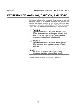B-65270EN/07          DEFINITION OF WARNING, CAUTION, AND NOTE


DEFINITION OF WARNING, CAUTION, AND NOTE
               This manual includes safety precautions for protecting the user and
               preventing damage to the machine. Precautions are classified into
               Warning and Caution according to their bearing on safety. Also,
               supplementary information is described as a Note. Read the Warning,
               Caution, and Note thoroughly before attempting to use the machine.

                      WARNING
                     Applied when there is a danger of the user being
                     injured or when there is a damage of both the user
                     being injured and the equipment being damaged if
                     the approved procedure is not observed.

                     CAUTION
                     Applied when there is a danger of the equipment
                     being damaged, if the approved procedure is not
                     observed.

                 NOTE
                   The Note is used to indicate supplementary
                   information other than Warning and Caution.

               - Read this manual carefully, and store it in a safe place.




                              s-1
 