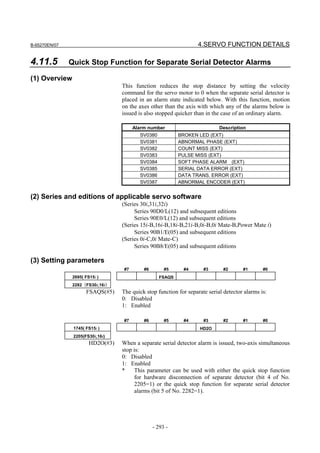 B-65270EN/07                                                        4.SERVO FUNCTION DETAILS

4.11.5         Quick Stop Function for Separate Serial Detector Alarms

(1) Overview
                                   This function reduces the stop distance by setting the velocity
                                   command for the servo motor to 0 when the separate serial detector is
                                   placed in an alarm state indicated below. With this function, motion
                                   on the axes other than the axis with which any of the alarms below is
                                   issued is also stopped quicker than in the case of an ordinary alarm.

                                        Alarm number                         Description
                                          SV0380           BROKEN LED (EXT)
                                          SV0381           ABNORMAL PHASE (EXT)
                                          SV0382           COUNT MISS (EXT)
                                          SV0383           PULSE MISS (EXT)
                                          SV0384           SOFT PHASE ALARM (EXT)
                                          SV0385           SERIAL DATA ERROR (EXT)
                                          SV0386           DATA TRANS. ERROR (EXT)
                                          SV0387           ABNORMAL ENCODER (EXT)


(2) Series and editions of applicable servo software
                                   (Series 30i,31i,32i)
                                        Series 90D0/L(12) and subsequent editions
                                        Series 90E0/L(12) and subsequent editions
                                   (Series 15i-B,16i-B,18i-B,21i-B,0i-B,0i Mate-B,Power Mate i)
                                        Series 90B1/E(05) and subsequent editions
                                   (Series 0i-C,0i Mate-C)
                                        Series 90B8/E(05) and subsequent editions

(3) Setting parameters
                                   #7       #6        #5     #4       #3       #2      #1       #0
                2695( FS15i )                      FSAQS
                2282（FS30i,16i）
                      FSAQS(#5)    The quick stop function for separate serial detector alarms is:
                                   0: Disabled
                                   1: Enabled

                                   #7       #6        #5     #4       #3       #2      #1       #0
                1745( FS15i )                                       HD2O
                2205(FS30i,16i)
                        HD2O(#3)   When a separate serial detector alarm is issued, two-axis simultaneous
                                   stop is:
                                   0: Disabled
                                   1: Enabled
                                   *    This parameter can be used with either the quick stop function
                                        for hardware disconnection of separate detector (bit 4 of No.
                                        2205=1) or the quick stop function for separate serial detector
                                        alarms (bit 5 of No. 2282=1).




                                                 - 293 -
 