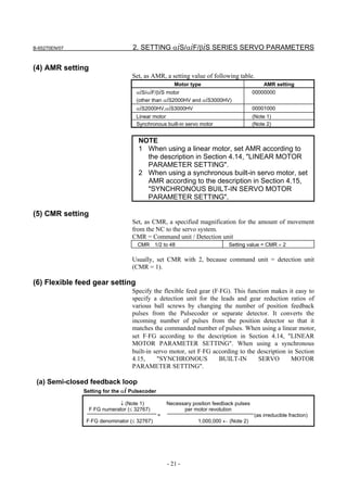 B-65270EN/07                       2. SETTING αiS/αiF/βiS SERIES SERVO PARAMETERS

(4) AMR setting
                                   Set, as AMR, a setting value of following table.
                                                      Motor type                            AMR setting
                                    αiS/αiF/βiS motor                                   00000000
                                    (other than αiS2000HV and αiS3000HV)
                                    αiS2000HV,αiS3000HV                                 00001000
                                    Linear motor                                        (Note 1)
                                    Synchronous built-in servo motor                    (Note 2)


                                     NOTE
                                     1 When using a linear motor, set AMR according to
                                       the description in Section 4.14, "LINEAR MOTOR
                                       PARAMETER SETTING".
                                     2 When using a synchronous built-in servo motor, set
                                       AMR according to the description in Section 4.15,
                                       "SYNCHRONOUS BUILT-IN SERVO MOTOR
                                       PARAMETER SETTING".

(5) CMR setting
                                   Set, as CMR, a specified magnification for the amount of movement
                                   from the NC to the servo system.
                                   CMR = Command unit / Detection unit
                                     CMR 1/2 to 48                          Setting value = CMR × 2

                                   Usually, set CMR with 2, because command unit = detection unit
                                   (CMR = 1).

(6) Flexible feed gear setting
                                   Specify the flexible feed gear (F⋅FG). This function makes it easy to
                                   specify a detection unit for the leads and gear reduction ratios of
                                   various ball screws by changing the number of position feedback
                                   pulses from the Pulsecoder or separate detector. It converts the
                                   incoming number of pulses from the position detector so that it
                                   matches the commanded number of pulses. When using a linear motor,
                                   set F⋅FG according to the description in Section 4.14, "LINEAR
                                   MOTOR PARAMETER SETTING". When using a synchronous
                                   built-in servo motor, set F⋅FG according to the description in Section
                                   4.15,     "SYNCHRONOUS            BUILT-IN      SERVO        MOTOR
                                   PARAMETER SETTING".

 (a) Semi-closed feedback loop
               Setting for the αi Pulsecoder

                             ↓ (Note 1)            Necessary position feedback pulses
                  F⋅FG numerator (≤ 32767)               per motor revolution
                                               =                                        (as irreducible fraction)
                F⋅FG denominator (≤ 32767)                     1,000,000 ← (Note 2)




                                                   - 21 -
 