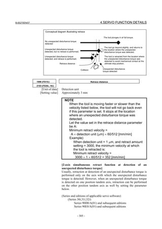 B-65270EN/07                                                                        4.SERVO FUNCTION DETAILS

                       Conceptual diagram illustrating retrace

                                                                                        The tool plunges in at full torque.
                       No unexpected disturbance torque
                       detected
                                                                                        The tool go beyond slightly, and returns to
                       Unexpected disturbance torque                                    the location where the unexpected
                       detected, but no retrace is performed.                           disturbance torque was detected.

                       Unexpected disturbance torque                                    The tool is retracted from the location where
                       detected, and retrace is performed.                              the unexpected disturbance torque was
                                                                                        detected to avoid mechanical contact at the
                                       Retrace distance                                 ultimate stop position.


                                                                Collision              Unexpected disturbance
                                                                                       torque detected




               1996 (FS15i)                                                 Retrace distance
               2103 (FS30i, 16i)
                   [Unit of data]        Detection unit
                  [Setting value]        Approximately 3 mm

                                             NOTE
                                               When the tool is moving faster or slower than the
                                               velocity listed below, the tool will not go back even
                                               if this parameter is set. It stops at the location
                                               where an unexpected disturbance torque was
                                               detected.
                                               Let the value set in the retrace distance parameter
                                               be A:
                                               Minimum retract velocity =
                                                 A × detection unit (µm) × 60/512 [mm/min]
                                               Example)
                                                   When detection unit = 1 µm, and retract amount
                                                   setting = 3000, the minimum velocity at which
                                                   the tool is retracted is:
                                                   Minimum retract velocity =
                                                     3000 × 1 × 60/512 = 352 [mm/min]

                                         [2-axis simultaneous retract function at detection of an
                                         unexpected disturbance torque]
                                         Usually, retraction at detection of an unexpected disturbance torque is
                                         performed only on the axis with which the unexpected disturbance
                                         torque is detected. However, when an unexpected disturbance torque
                                         is detected on one position tandem axis, retraction can be performed
                                         on the other position tandem axis as well by setting the parameter
                                         below.

                                         (Series and editions of applicable servo software)
                                              (Series 30i,31i,32i)
                                                   Series 90D0/A(01) and subsequent editions
                                                   Series 90E0/A(01) and subsequent editions


                                                             - 305 -
 