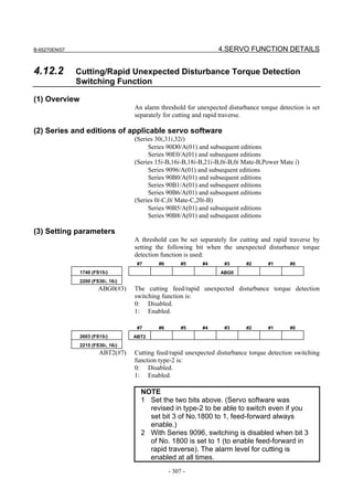 B-65270EN/07                                                      4.SERVO FUNCTION DETAILS


4.12.2         Cutting/Rapid Unexpected Disturbance Torque Detection
               Switching Function

(1) Overview
                                   An alarm threshold for unexpected disturbance torque detection is set
                                   separately for cutting and rapid traverse.

(2) Series and editions of applicable servo software
                                   (Series 30i,31i,32i)
                                        Series 90D0/A(01) and subsequent editions
                                        Series 90E0/A(01) and subsequent editions
                                   (Series 15i-B,16i-B,18i-B,21i-B,0i-B,0i Mate-B,Power Mate i)
                                        Series 9096/A(01) and subsequent editions
                                        Series 90B0/A(01) and subsequent editions
                                        Series 90B1/A(01) and subsequent editions
                                        Series 90B6/A(01) and subsequent editions
                                   (Series 0i-C,0i Mate-C,20i-B)
                                        Series 90B5/A(01) and subsequent editions
                                        Series 90B8/A(01) and subsequent editions

(3) Setting parameters
                                   A threshold can be set separately for cutting and rapid traverse by
                                   setting the following bit when the unexpected disturbance torque
                                   detection function is used:
                                    #7      #6        #5    #4      #3      #2      #1      #0
               1740 (FS15i)                                        ABG0
               2200 (FS30i, 16i)
                       ABG0(#3)    The cutting feed/rapid unexpected disturbance torque detection
                                   switching function is:
                                   0: Disabled.
                                   1: Enabled.

                                    #7      #6        #5    #4      #3      #2      #1      #0
               2603 (FS15i)        ABT2
               2215 (FS30i, 16i)
                       ABT2(#7)    Cutting feed/rapid unexpected disturbance torque detection switching
                                   function type-2 is:
                                   0: Disabled.
                                   1: Enabled.

                                     NOTE
                                     1 Set the two bits above. (Servo software was
                                       revised in type-2 to be able to switch even if you
                                       set bit 3 of No.1800 to 1, feed-forward always
                                       enable.)
                                     2 With Series 9096, switching is disabled when bit 3
                                       of No. 1800 is set to 1 (to enable feed-forward in
                                       rapid traverse). The alarm level for cutting is
                                       enabled at all times.
                                                 - 307 -
 