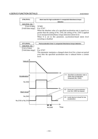 4.SERVO FUNCTION DETAILS                                                                               B-65270EN/07



             2756 (FS15i)            Alarm level for high acceleration in unexpected disturbance torque
                                                                 detection
             2343 (FS16i ,30i)
                 [Unit of data]   TCMD
             [Valid data range]   0 to 32767
                                  When the absolute value of a specified acceleration rate is equal to or
                                  greater than the setting of No. 2342, the setting of No. 2343 is applied
                                  as an unexpected disturbance torque detection alarm level.
                                  When 0 is set in this parameter, acceleration-based alarm level
                                  switching is disabled.

             2771 (FS15i)           Post-acceleration timer in unexpected disturbance torque detection
             2358 (FS16i ,30i)
             [Unit of data]       ms
             [Valid data range]   0 to 32767
                                  This parameter maintains a changed alarm level for a timer-set period
                                  even after the specified acceleration rate is reduced below a certain
                                  level.

              Velocity




                                                                             <1> Specified acceleration rate is
         Acceleration                                                            lower than acceleration
                                                                                 threshold (No. 2342).

               No.2342




                                                                             <2> Period set in post-acceleration
                                                                                  timer (No. 2358) has elapsed.
           Alarm level

               No.2343
                                                                             <3> Level returns to level for low
                                                                                 acceleration.
     No.2104 or No.2142



                                                No.2358             Time




                                                - 310 -
 