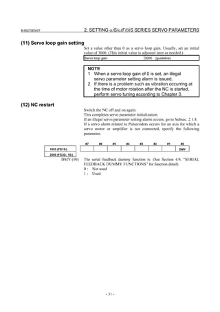 B-65270EN/07                       2. SETTING αiS/αiF/βiS SERIES SERVO PARAMETERS

(11) Servo loop gain setting
                                   Set a value other than 0 as a servo loop gain. Usually, set an initial
                                   value of 3000. (This initial value is adjusted later as needed.)
                                   Servo loop gain                        3000 (guideline)


                                     NOTE
                                     1 When a servo loop gain of 0 is set, an illegal
                                       servo parameter setting alarm is issued.
                                     2 If there is a problem such as vibration occurring at
                                       the time of motor rotation after the NC is started,
                                       perform servo tuning according to Chapter 3.

(12) NC restart
                                   Switch the NC off and on again.
                                   This completes servo parameter initialization.
                                   If an illegal servo parameter setting alarm occurs, go to Subsec. 2.1.8.
                                   If a servo alarm related to Pulsecoders occurs for an axis for which a
                                   servo motor or amplifier is not connected, specify the following
                                   parameter.

                                   #7       #6       #5      #4      #3        #2      #1      #0
               1953 (FS15i)                                                                   DMY
               2009 (FS30i, 16i)
                       DMY (#0)    The serial feedback dummy function is: (See Section 4.9, “SERIAL
                                   FEEDBACK DUMMY FUNCTIONS” for function detail)
                                   0 : Not used
                                   1 : Used




                                                 - 31 -
 
