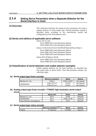 B-65270EN/07                           2. SETTING αiS/αiF/βiS SERIES SERVO PARAMETERS

2.1.4          Setting Servo Parameters when a Separate Detector for the
               Serial Interface is Used

(1) Overview
                                       This subsection describes the setting of servo parameters for using a
                                       separate detector of serial output type. Perform parameter setting as
                                       described below according to the classification (model and
                                       configuration) of the serial detector used.

(2) Series and editions of applicable servo software
                                       (Series 30i,31i,32i)
                                            Series 90D0/A(01) and subsequent editions
                                            Series 90E0/A(01) and subsequent editions
                                       (Series 15i-B,16i-B,18i-B,21i-B,0i-B,0i Mate-B,Power Mate i)
                                            Series 90B0/A(01) and subsequent editions
                                            Series 90B1/A(01) and subsequent editions
                                            Series 90B6/A(01) and subsequent editions
                                       (Series 0i-C,0i Mate-C,20i-B)
                                            Series 90B5/A(01) and subsequent editions
                                            Series 90B8/A(01) and subsequent editions

(3) Classification of serial detectors and usable detector examples
                                       Usable separate detectors for the serial interface are classified into
                                       four major types as shown below. Note that parameter settings vary
                                       with these types.

 (a) Serial output type linear encoder
                                                   Minimum resolution            Model          Backup
               Mitutoyo Co., Ltd.                       0.05µｍ                AT353, AT553    Not required
                                                     0.05µｍ/0.1µｍ               LC191F        Not required
               HEIDENHAIN
                                                     0.05µｍ/0.1µｍ               LC491F        Not required


 (b) Analog output type linear encoder + FANUC high-resolution serial output
     circuit
                                                       Signal pitch              Model          Backup
               Mitutoyo Co., Ltd.                         20µｍ                   AT402         Required
               HEIDENHAIN                                 20µｍ                LS486, LS186     Required
               Sony Precision Technology Inc.             20µｍ                   SH12          Required


 (c) Serial output type rotary encoder
                                                Minimum resolution (Note 1)      Model          Backup
               FANUC                                   220 pulse/rev            αA1000S        Required




                                                    - 33 -
 
