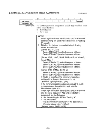2. SETTING αiS/αiF/βiS SERIES SERVO PARAMETERS                                         B-65270EN/07



                               #7        #6            #5   #4   #3      #2      #1      #0
           2687 (FS15i)                                                               HP2048
           2274 (FS30i, 16i)
                 HP2048(#0)    The 2048-magnification interpolation circuit (high-resolution serial
                               output circuit H or C) is:
                               0: Not to be used
                               1: To be used

                                 NOTE
                                 1 When high-resolution serial output circuit H is used,
                                   set the setting pin SW3 inside the circuit to "Setting
                                   B" usually.
                                 2 This function bit can be used with the following
                                   series and editions:
                                   (Series 30i, 31i, 32i)
                                     Series 90D0/A(01) and subsequent editions
                                     Series 90E0/A(01) and subsequent editions
                                     (Series 15i-B, 16i-B, 18i-B, 21i-B, 0i-B, 0i Mate-B,
                                     Power Mate i)
                                       Series 90B0/Q(17) and subsequent editions
                                       Series 90B1/A(01) and subsequent editions
                                       Series 90B6/A(01) and subsequent editions
                                   (Series 0i-C, 0i Mate-C, 20i-B)
                                       Series 90B5/A(01) and subsequent editions
                                       Series 90B8/A(01) and subsequent editions
                                   If this bit is specified, the minimum resolution
                                   setting of the detector is assumed to be:
                                     Encoder signal pitch/512 [µm]
                                   If the minimum resolution (signal pitch/2048 [µm])
                                   is necessary as the detection unit, specify:
                                   Flexible feed gear = 4/1
                                 3 When high-resolution serial output circuit H is used,
                                   and the input frequency 750 kHz needs to be
                                   supported, set the following:
                                   - Set the setting pin SW3 to "Setting A".
                                   - Set HP2048=1.
                                   - Set the minimum resolution of the detector as:
                                       Encoder signal pitch/128 [µm]
                                   (Related report: TMS03/16E)




                                              - 36 -
 