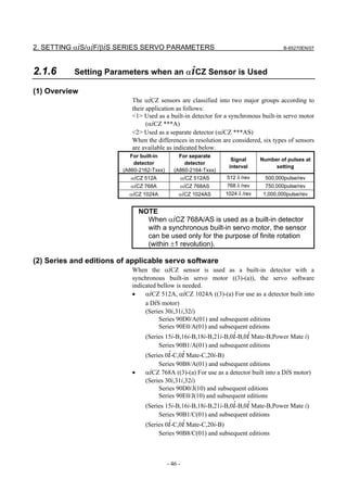 2. SETTING αiS/αiF/βiS SERIES SERVO PARAMETERS                                           B-65270EN/07




2.1.6       Setting Parameters when an αiCZ Sensor is Used

(1) Overview
                              The αiCZ sensors are classified into two major groups according to
                              their application as follows:
                              <1> Used as a built-in detector for a synchronous built-in servo motor
                                    (αiCZ ***A)
                              <2> Used as a separate detector (αiCZ ***AS)
                              When the differences in resolution are considered, six types of sensors
                              are available as indicated below.
                              For built-in         For separate
                                                                      Signal    Number of pulses at
                               detector              detector
                                                                     interval        setting
                           (A860-2162-Txxx)      (A860-2164-Txxx)
                              αiCZ 512A            αiCZ 512AS       512λ/rev      500,000pulse/rev
                              αiCZ 768A            αiCZ 768AS       768λ/rev      750,000pulse/rev
                             αiCZ 1024A            αiCZ 1024AS      1024λ/rev    1,000,000pulse/rev


                                  NOTE
                                    When αiCZ 768A/AS is used as a built-in detector
                                    with a synchronous built-in servo motor, the sensor
                                    can be used only for the purpose of finite rotation
                                    (within ±1 revolution).

(2) Series and editions of applicable servo software
                             When the αiCZ sensor is used as a built-in detector with a
                              synchronous built-in servo motor ((3)-(a)), the servo software
                              indicated bellow is needed.
                              •    αiCZ 512A, αiCZ 1024A ((3)-(a) For use as a detector built into
                                   a DiS motor)
                                   (Series 30i,31i,32i)
                                        Series 90D0/A(01) and subsequent editions
                                        Series 90E0/A(01) and subsequent editions
                                    (Series 15i-B,16i-B,18i-B,21i-B,0i-B,0i Mate-B,Power Mate i)
                                         Series 90B1/A(01) and subsequent editions
                                    (Series 0i-C,0i Mate-C,20i-B)
                                         Series 90B8/A(01) and subsequent editions
                              •     αiCZ 768A ((3)-(a) For use as a detector built into a DiS motor)
                                    (Series 30i,31i,32i)
                                         Series 90D0/J(10) and subsequent editions
                                         Series 90E0/J(10) and subsequent editions
                                    (Series 15i-B,16i-B,18i-B,21i-B,0i-B,0i Mate-B,Power Mate i)
                                         Series 90B1/C(01) and subsequent editions
                                    (Series 0i-C,0i Mate-C,20i-B)
                                         Series 90B8/C(01) and subsequent editions



                                              - 46 -
 