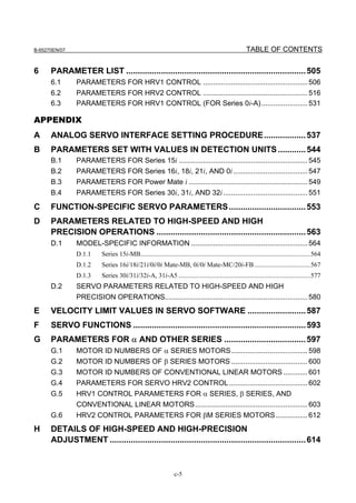 B-65270EN/07                                                                                          TABLE OF CONTENTS


6     PARAMETER LIST ............................................................................. 505
      6.1      PARAMETERS FOR HRV1 CONTROL .................................................... 506
      6.2      PARAMETERS FOR HRV2 CONTROL .................................................... 516
      6.3      PARAMETERS FOR HRV1 CONTROL (FOR Series 0i-A) ....................... 531

APPENDIX
A     ANALOG SERVO INTERFACE SETTING PROCEDURE.................. 537
B     PARAMETERS SET WITH VALUES IN DETECTION UNITS ............ 544
      B.1      PARAMETERS FOR Series 15i ................................................................ 545
      B.2      PARAMETERS FOR Series 16i, 18i, 21i, AND 0i ..................................... 547
      B.3      PARAMETERS FOR Power Mate i ........................................................... 549
      B.4      PARAMETERS FOR Series 30i, 31i, AND 32i .......................................... 551

C     FUNCTION-SPECIFIC SERVO PARAMETERS ................................. 553
D     PARAMETERS RELATED TO HIGH-SPEED AND HIGH
      PRECISION OPERATIONS ................................................................ 563
      D.1      MODEL-SPECIFIC INFORMATION .......................................................... 564
               D.1.1    Series 15i-MB.......................................................................................................564
               D.1.2    Series 16i/18i/21i/0i/0i Mate-MB, 0i/0i Mate-MC/20i-FB ..................................567
               D.1.3    Series 30i/31i/32i-A, 31i-A5 ................................................................................577
      D.2      SERVO PARAMETERS RELATED TO HIGH-SPEED AND HIGH
               PRECISION OPERATIONS....................................................................... 580
E     VELOCITY LIMIT VALUES IN SERVO SOFTWARE ......................... 587
F     SERVO FUNCTIONS .......................................................................... 593
G     PARAMETERS FOR α AND OTHER SERIES ................................... 597
      G.1      MOTOR ID NUMBERS OF α SERIES MOTORS...................................... 598
      G.2      MOTOR ID NUMBERS OF β SERIES MOTORS ...................................... 600
      G.3      MOTOR ID NUMBERS OF CONVENTIONAL LINEAR MOTORS ............ 601
      G.4      PARAMETERS FOR SERVO HRV2 CONTROL ....................................... 602
      G.5      HRV1 CONTROL PARAMETERS FOR α SERIES, β SERIES, AND
               CONVENTIONAL LINEAR MOTORS........................................................ 603
      G.6      HRV2 CONTROL PARAMETERS FOR βM SERIES MOTORS................ 612
H     DETAILS OF HIGH-SPEED AND HIGH-PRECISION
      ADJUSTMENT .................................................................................... 614



                                                               c-5
 