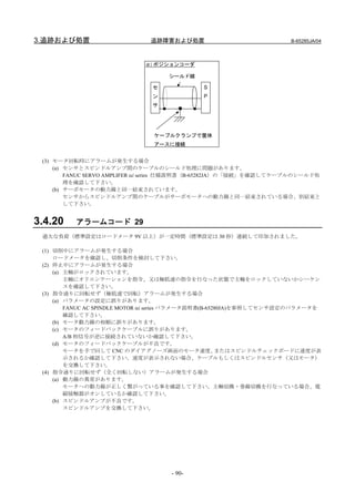 3.追跡および処置                     追跡障害および処置                              B-65285JA/04



                             αi ポジションコーダ

                                   シールド線

                               セ             S
                               ン             P
                               サ




                               ケーブルクランプで筐体
                               アースに接続


 (3) モータ回転時にアラームが発生する場合
     (a) センサとスピンドルアンプ間のケーブルのシールド処理に問題があります。
         FANUC SERVO AMPLIFER αi series 仕様説明書（B-65282JA）の「接続」を確認してケーブルのシールド処
         理を確認して下さい。
     (b) サーボモータの動力線と同一結束されています。
         センサからスピンドルアンプ間のケーブルがサーボモータへの動力線と同一結束されている場合、別結束と
         して下さい。


3.4.20    アラームコード 29
 過大な負荷（標準設定はロードメータ 9V 以上）が一定時間（標準設定は 30 秒）連続して印加されました。

 (1) 切削中にアラームが発生する場合
     ロードメータを確認し、切削条件を検討して下さい。
 (2) 停止中にアラームが発生する場合
     (a) 主軸がロックされています。
         主軸にオリエンテーションを指令、又は極低速の指令を行なった状態で主軸をロックしていないかシーケン
         スを確認して下さい。
 (3) 指令通りに回転せず（極低速で回転）アラームが発生する場合
     (a) パラメータの設定に誤りがあります。
         FANUC AC SPINDLE MOTOR αi series パラメータ説明書(B-65280JA)を参照してセンサ設定のパラメータを
         確認して下さい。
     (b) モータ動力線の相順に誤りがあります。
     (c) モータのフィードバックケーブルに誤りがあります。
         A/B 相信号が逆に接続されていないか確認して下さい。
     (d) モータのフィードバックケーブルが不良です。
         モータを手で回して CNC のダイアグノーズ画面のモータ速度、                またはスピンドルチェックボードに速度が表
         示されるか確認して下さい。速度が表示されない場合、ケーブルもしくはスピンドルセンサ（又はモータ）
         を交換して下さい。
 (4) 指令通りに回転せず（全く回転しない）アラームが発生する場合
     (a) 動力線の異常があります。
         モータへの動力線が正しく繋がっている事を確認して下さい。主軸切換・巻線切換を行なっている場合、電
         磁接触器がオンしているか確認して下さい。
     (b) スピンドルアンプが不良です。
         スピンドルアンプを交換して下さい。




                                    - 90-
 