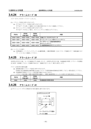 3.追跡および処置                            追跡障害および処置                      B-65285JA/04


3.4.24        アラームコード 36
 エラーカウンタがオーバフローしました。

 (1) パラメータ設定に誤りがあります。
     (a) ギア比のパラメータ設定に誤りがあります。
         ギア比データに誤って過度に大きな値が設定されていないか確認して下さい。
     (b) ポジションゲインの設定に誤りがあります。
         ギア比データが正しい場合、ポジションゲインの値を上げて下さい。

                 FS16i       FS30i
    FS15i                                            内容
                FS0i-B/C     FS0i-D
  3056～3059    4056～4059   4056～4059 主軸とモータのギア比データ
  3060～3063    4060～4063   4060～4063 オリエンテーション時ポジションゲイン
                                     サーボモード／主軸同期制御時の
  3065～3068    4065～4068   4065～4068
                                     ポジションゲイン
  3069～3072    4069～4072   4069～4072 Cs 輪郭制御時のポジションゲイン

 (2) シーケンスの誤り
     (a) 位置制御モード（リジッドタップ、Cs 輪郭制御、主軸同期制御）においてモータ励磁をオフ（SFR/SRV をオ
         フ）していないか確認して下さい。


3.4.25        アラームコード 37
 非常停止信号入力後，モータが減速せずに加速しました。非常停止信号入力後，加速減速中時間（パラメータ初期設
 定 10 秒）を経過してもモータ励磁が切れない（減速が完了しない）場合も発生します。

 アラーム発生時の障害追跡
   (a) 速度検出器のパラメータ設定に誤りがあります。
       FANUC AC SPINDLE MOTOR αi series パラメータ説明書(B-65280JA)を参照して正しい値を設定して下さい。
   (b) 加速減速中時間のパラメータ設定値が適切ではありません。
       パラメータ設定値と実際の減速時間を確認し、実際の減速時間にマージンを持たせた値を設定して下さい。
                FS16i       FS30i
    FS15i                                            内容
               FS0i-B/C     FS0i-D
    3082         4082       4082      加速減速中時間の設定


3.4.26        アラームコード 41
 αi ポジションコーダの１回転信号の発生場所に誤りがあります。


                                   αi ポジションコーダ

                                         シールド線

                                     セ           S
                                     ン           P
                                     サ




                                     ケーブルクランプで筐体
                                     アースに接続




                                         - 92-
 