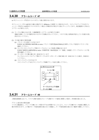 3.追跡および処置                      追跡障害および処置                             B-65285JA/04


3.4.30    アラームコード 47
 αi ポジションコーダ信号のパルスカウント値に異常があります。

 ポジションコーダの A,B 相は主軸 1 回転当たり 4096p/rev の帰還パルス数があります。スピンドルアンプではポジシ
 ョンコーダ相当の A,B 相のパルスのカウント数を 1 回転信号が発生する毎にチェックしており、規定範囲から外れる
 とアラームが発生します。

 (1) ケーブルが動かされた時（主軸移動等）にアラームが発生する場合
     導線が切断している可能性がありますので交換を行なって下さい。コネクタ部に切削油が侵入している場合は洗
     浄を行なって下さい。

 (2) その他の場合の障害追跡
     (a) パラメータに設定ミスがあります
         FANUC AC SPINDLE MOTOR αi series パラメータ説明書(B-65280JA)を参照してセンサ設定のパラメータを
         確認して下さい。
     (b) センサとスピンドルアンプ間のケーブルのシールド処理に問題があります
         FANUC SERVO AMPLIFER αi series 仕様説明書（B-65282JA）の「接続」を確認してケーブルのシールド処
         理を確認して下さい。
     (c) サーボモータの動力線と同一結束されています
         センサからスピンドルアンプ間のケーブルがサーボモータへの動力線と同一結束されている場合、別結束と
         して下さい。
     (d) スピンドルアンプが不良です
         スピンドルアンプ又はスピンドルアンプ制御プリント板を交換して下さい。


                             αi ポジションコーダ

                                    シールド線

                               セ             S
                               ン             P
                               サ




                               ケーブルクランプで筐体
                               アースに接続



3.4.31    アラームコード 49
 主軸差速制御において、マスタ主軸の速度をスレーブ主軸のモータ速度に換算した値が、許容値を超えました。

 アラーム発生時の障害追跡
 マスタ主軸速度に、スレーブ主軸とモータ間のギア比を乗算することにより、スレーブ主軸のモータ速度に換算した
 値が計算されます。この値がモータ最高速度を超えないか確認し、モータ最高速度を超えない範囲で運転して下さい。




                                    - 94-
 