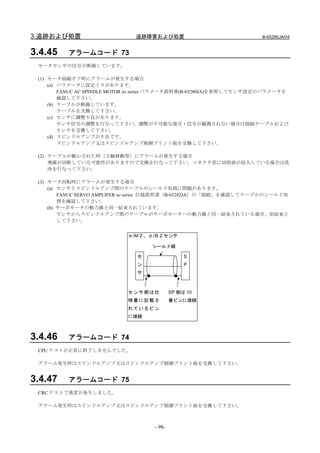 3.追跡および処置                      追跡障害および処置                             B-65285JA/04


3.4.45    アラームコード 73
 モータセンサの信号が断線しています。

 (1) モータ励磁オフ時にアラームが発生する場合
     (a) パラメータに設定ミスがあります。
         FANUC AC SPINDLE MOTOR αi series パラメータ説明書(B-65280JA)を参照してセンサ設定のパラメータを
         確認して下さい。
     (b) ケーブルが断線しています。
         ケーブルを交換して下さい。
     (c) センサに調整不良があります。
         センサ信号の調整を行なって下さい。調整が不可能な場合・信号が観測されない場合は接続ケーブルおよび
         センサを交換して下さい。
     (d) スピンドルアンプが不良です。
         スピンドルアンプ又はスピンドルアンプ制御プリント板を交換して下さい。

 (2) ケーブルが動かされた時（主軸移動等）にアラームが発生する場合
     導線が切断している可能性がありますので交換を行なって下さい。コネクタ部に切削油が侵入している場合は洗
     浄を行なって下さい。

 (3) モータ回転時にアラームが発生する場合
     (a) センサとスピンドルアンプ間のケーブルのシールド処理に問題があります。
         FANUC SERVO AMPLIFER αi series 仕様説明書（B-65282JA）の「接続」を確認してケーブルのシールド処
         理を確認して下さい。
     (b) サーボモータの動力線と同一結束されています。
         センサからスピンドルアンプ間のケーブルがサーボモータへの動力線と同一結束されている場合、別結束と
         して下さい。


                            αiＭＺ、αiＢＺセンサ

                                    シールド線

                               セ                 S
                               ン                 P
                               サ



                            センサ側は仕          SP 側は 10
                            様書に記載さ          番ピンに接続
                            れているピン
                            に接続



3.4.46    アラームコード 74
 CPU テストが正常に終了しませんでした。

 アラーム発生時はスピンドルアンプ又はスピンドルアンプ制御プリント板を交換して下さい。


3.4.47    アラームコード 75
 CRC テストで異常が発生しました。

 アラーム発生時はスピンドルアンプ又はスピンドルアンプ制御プリント板を交換して下さい。



                                    - 98-
 