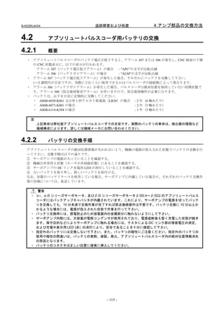 B-65285JA/04               追跡障害および処置            4.アンプ部品の交換方法

4.2            アブソリュートパルスコーダ用バッテリの交換

4.2.1          概要
   ・ アブソリュートパルスコーダのバッテリ電圧が低下すると、アラーム 307 または 306 が発生し、CNC 画面の下側
     の CNC 状態表示に、以下の表示が行われます。
      アラーム 307（バッテリ電圧低下アラーム）の場合 ："APC"の文字が反転点滅
      アラーム 306（バッテリゼロアラーム）の場合            ："ALM"の文字が反転点滅
   ・ アラーム 307（バッテリ電圧低下アラーム）が発生した場合、すみやかにバッテリを交換して下さい。
     1～2 週間内が目安ですが、実際にどれくらい使用できるかはパルスコーダの接続数によって異なります。
   ・ アラーム 306（バッテリゼロアラーム）が発生した場合、パルスコーダは絶対位置を保持していない初期状態で
     す。アラーム 300（原点復帰要求アラーム）を伴いますので、原点復帰操作が必要になります。
   ・ バッテリは、以下を目安に定期的に交換してください。
     ・ A06B-6050-K061 又は単 1 形アルカリ乾電池（LR20）の場合 ：2 年（6 軸あたり）
     ・ A06B-6073-K001 の場合                       ：2 年（3 軸あたり）
     ・ A06B-6114-K504 の場合                       ：1 年（3 軸あたり）

     注
         上記寿命は弊社製アブソリュートパルスコーダでの目安です。実際のバッテリの寿命は、検出器の種類など
         機械構成によります。詳しくは機械メーカにお問い合わせください。


4.2.2          バッテリの交換手順
   アブソリュートパルスコーダの絶対位置情報が失われないよう、機械の電源が投入された状態でバッテリの交換を行
   って下さい。交換手順は以下の通りです。
   ① サーボアンプの電源が入っていることを確認する。
   ② 機械が非常停止状態（モータが非励磁状態）にあることを確認する。
   ③ サーボアンプの DC リンク充電用 LED が消灯していることを確認する。
   ④ 古いバッテリを取り外し、新しいバッテリを取付ける。
   なお、別置のバッテリケースを使用している場合、サーボアンプに内蔵している場合の、それぞれのバッテリ交換作
   業の詳細については、後述しています。

       警告
     ・ αi、αiS シリーズサーボモータ、及びβiS シリーズサーボモータβiS0.4～βiS22 のアブソリュートパルス
       コーダにはバックアップキャパシタが内蔵されています。これにより、サーボアンプの電源を切ってバッテ
       リを交換しても、10 分未満で交換作業が完了すれば原点復帰操作は不要です。バッテリ交換に 10 分以上か
       かるような場合には、電源が投入された状態で作業を行って下さい。
     ・ バッテリ交換時には、感電防止のため強電盤内の金属部分に触れないようにして下さい。
     ・ サーボアンプ内部には、大容量の電解コンデンサが使用されており、電源遮断後も暫く充電した状態が続き
       ます。保守目的などによりサーボアンプに触れる場合には、テスタによる DC リンク部の残留電圧の測定、
       および充電中表示用 LED (赤) の消灯により、安全であることを十分に確認して下さい。
     ・ 指定外のバッテリには交換しないで下さい。また、バッテリの極性にご注意ください。指定外のバッテリの
       使用や極性の間違いは、バッテリの発熱、破裂、発火、アブソリュートパルスコーダ内の絶対位置情報消失
       の原因となります。
     ・ バッテリのコネクタは正しい位置に確実に挿入してください。




                                - 115 -
 