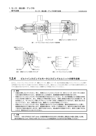 1. モータ・検出器・アンプの
   保守点検         モータ・検出器・アンプの保守点検                                    B-65285JA/04




                                   カップリング        回転ジョイント支持ハウジング

                     図１：クーラントスルースピンドルモータ使用例


   回転ジョイント
    支持ハウジング




                                     凸タイプ             凹タイプ
                                       φd




                                                         φd
                       ドレイン
        切り欠き         予備ドレイン                    クーラントジョイント
        図２：回転ジョイント支持ハウジング                    図３：クーラントジョイントの例




1.2.4      ビルトインスピンドルモータとスピンドルユニットの保守点検
 以下に、ビルトインスピンドルモータ（BiI シリーズ、BiS シリーズ）及び FANUC-NSK スピンドルユニットに関す
 る作業をするに当たりご注意いただきたい事項を示します。場合によっては人命に関わったり重大な損害を発生した
 りする場合がありますので、内容を十分にご理解の上で作業に当たってください。

     警告
   ・ 主軸を分解しないでください。特に、同期ビルトインスピンドルモータ（BiS シリーズ）のロータには強力
     な永久磁石が使用されており、磁気吸引力による怪我や、医療機器の誤動作の危険があります。
   ・ 同期ビルトインスピンドルモータを外部の動力で回さないでください。モータが発電機となり高電圧を発生
     するため非常に危険です。また、停電などで惰走状態になると、同様に高電圧を発生するため危険です。安
     全対策として、モータとアンプ間にサブモジュール SM（SSM）が接続されていますので、絶対に取り外さ
     ないでください。また、感電を防ぐため、機械フレームを必ず接地してください。
   ・ 同期ビルトインスピンドルモータは、電源投入後やアラームからの復帰後、最初の回転指令が入った際に、
     磁極検出動作を行う場合があります。磁極検出動作は、20 秒～1 分程度かかり、動作中は主軸が正逆に細か
     く回るなど奇妙な動きをしますが、異常ではありません。検出動作中は危険ですので、絶対に主軸に手を出
     したり、覗き込んだりしないでください。


      注意
    FANUC ‐ NSK SPINDLE UNIT series 仕様説明書(B-65352)のⅣ.3 章の慣らし運転及び本書に記載した点検、
    保守を実施することが、FANUC-NSK スピンドルユニットの保証条件になりますので必ず実施してください。




                                   - 132 -
 