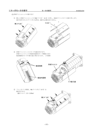 1.サーボモータの保守              モータの保守                         B-65285JA/04

 (2) 冷却ファンユニットの取り付け

  ① 新しい冷却ファンユニットの M6 ナベｺﾈｼﾞ（6 本）を外し、前面のファンカバーを取り外します。
    図の矢印で示したナベコネジ以外は、緩める必要はありません。

                              ﾌｧﾝｶﾊﾞｰ
   M6 ﾅべｺﾈｼﾞ




  ② 冷却ファンユニットとモータを組み付けます。
    冷却ファンユニットの板金内面部をモータ側面に合わせ、
    板金端部をモータの後ろ面に突き当てます。（下図参照）




                                   冷却ﾌｧﾝﾕﾆｯﾄ
                      板金端部




                       板金内面部

                                               ﾓｰﾀ後ろ面



  ② ファンカバーを被せ、M6 ナベコネジ（6 本）を
    締め付けます。
    （適正トルク：2.5～2.8Nm）


                         M6 ﾅﾍﾞｺﾈｼﾞ




                             - 152 -
 