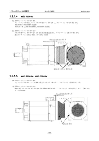 1.サーボモータの保守                 モータの保守                             B-65285JA/04



1.2.1.4   αiS 1000HV
  (1) 冷却ファンユニットの取り外し
      ファンユニットを固定している六角穴付きボルト 4 本を外し、ファンユニットを取り外します。
      M6x40 4 本（A06B-0298-BXXX）
      M10x40 4 本 (A06B-0098-BXXX, A06B-0099-BXXX)

  (2) 冷却ファンユニットの取り付け
      六角穴付きボルト 4 本にゆるみ止め接着剤(中強度)を塗布し、ファンユニットを取り付けします。
      適正トルク：9.6～13Nm（M6）, 19～26Nm（M10）


                                     15mm 以上後方にずらす

                                               ファンユニット




                                            M6x40 または M10x40



1.2.1.5   αiS 2000HV、αiS 3000HV
  (1) 冷却ファンユニットの取り外し
      ファンユニットを固定している M6 六角穴付きボルト 8 本を外し、ファンユニットを取り外します。

  (2) 冷却ファンユニットの取り付け
      M6 六角穴付きボルト 8 本にゆるみ止め接着剤(中強度)を塗布し、ファンユニットを取り付けします。（適正トル
      ク：9.6～13Nm）

                                              8mm 以上後方にずらす


                                                ファンユニット




                                                   M6x40 8 本




                                  - 154 -
 