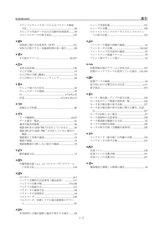 B-65285JA/04                                                                                                                                                               索引
   スピンドルチェックボードによるパラメータ確認                                                                         ヒューズ実装位置......................................................121
    方法............................................................................44              ヒューズの交換..........................................................120
   スピンドル内部データ出力方式動作原理説明 ........39                                                                ビルトインスピンドルモータとスピンドルユニッ
   スピンドルモータの保守部品 ..................................155                                             トの保守点検..........................................................132

<せ >                                                                                            <ふ >
   切削液に関する注意事項（参考） ..........................131                                                  ファンモータ電源の相順の確認 ................................14
   切削力が低下する・加減速時間が長い場合 ............28                                                             ファンモータの交換........................................... 110,142
                                                                                                  フィードバック信号波形の確認 ................................32
<そ >                                                                                              フィードバック断線アラーム ....................................79
   その他のアラーム.................................................82,107                                プリント板のチェック端子 ........................................16

<た >                                                                                            <へ >
   対処方法詳細..............................................................136                        別置型検出器のアラームと対処方法 ......................135
   立上げ手順....................................................................13                    別置のバッテリケースを使用している場合 ... 116,145
   立上げ時の手順 (概要) ...............................................13
   立上げ時のトラブルシューティング ........................26                                                  <ほ >
                                                                                                  保護アースの接続........................................................14
<ち >                                                                                              保守時における警告および注意 ............................. s-11
   チェック端子出力信号 ................................................36                                  保守部品 .....................................................................155
   チェックボードの接続 ................................................35
   注 .................................................................... s-7,s-9,s-12          <も >
   注意......................................................... s-5,s-8,s-10,s-11                  モータ・検出器・アンプの保守点検 ......................126
                                                                                                  モータ及びアンプ関連の説明書一覧 ......................126
<つ >                                                                                              モータ及び検出器の保守点検 ..................................127
   追跡および処置............................................................66                          モータ及び検出器の保守点検に関する警告、注意、
                                                                                                   注..............................................................................127
<て >                                                                                              モータが回転しない場合............................................27
   データ観測例...........................................................43,47                         モータ清掃時の注意事項..........................................130
   データ番号一覧表........................................................41                             モータ電流値を観測する方法 ....................................22
   適用可能系列版数........................................................44                             モータの定期的な清掃..............................................130
   電源 ON 表示 LED ”PIL”が点灯していません .........26                                                        モータの保守点検（全機種共通事項） ..................128
   電源 ON 表示 LED“PIL”が点灯していない場合の
    確認............................................................................17            <り >
   電源電圧と容量の確認 ................................................13                                  リニアモータ（磁石板）の外観の点検 ..................134
   電源の接続....................................................................13                    リニアモータの保守点検..........................................133
   電磁接触器が ON しない場合の確認.........................18
                                                                                                <れ >
<と >                                                                                              冷却ファン..................................................................150
   動作確認方法................................................................15                       冷却ファンの交換手順..............................................151
                                                                                                  冷却ファンの交換方法..............................................151
<な >
   内蔵型検出器（αi、βi パルスコーダ）のアラーム                                                                    <ろ >
    と対処方法 ..............................................................134                       漏洩電流と漏電しゃ断器の選定 ................................14

<は >
   はじめに...................................................................... p-1
   バッテリ交換時の注意事項（補足説明） ..............117
   バッテリの交換手順...........................................115,144
   バッテリの接続方式..................................................117
   パラメータの確認方法 ................................................44
   パラメータの初期設定 ................................................14
   パルスコーダ..............................................................149
   パルスコーダ、別置シリアル検出器関係のアラー
    ム................................................................................81

<ひ >
   非切削時に主軸が振動し騒音が発生する場合 ........28
                                                                                          i-3
 