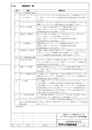 1.1.6          確認項目一覧

        No.       内容                               確認方法
     サーボアンプ実装状態の確認
     1        サーボアンプ・サーボ   サーボアンプとサーボモータの組み合わせが正しい事を確認して下さ
              モータの仕様       い。α+シリーズサーボアンプ仕様説明書 B-65282JA/06, 4.1 章を参照し
                           て下さい。
     2        フランジのパッキン    添付品のパッキンが正しく貼り付けられている事を確認して下さい。制
                           御盤とアンプのフランジの間に隙間がない事を確認して下さい。
     3        保守エリアの確保     アンプ上部および下部の保守エリアの確保をお願いします。
                           詳細は、α+シリーズサーボアンプ仕様説明書の添付資料
                           B-65282JA/06-18, 5.1 章を参照して下さい。
     4        導電部への接触防止    DC リンク端子台への保護プレートの取り付けならびに、端子台カバー
                           のロックがかかっている事を確認してください。
                           詳細は、α+シリーズサーボアンプ仕様説明書の添付資料
                           B-65282JA/06-18, 5.3 章を参照して下さい。
     5        アンプ配置順序      α+SP45HV 以上について、アンプ配置順序に制約があります。
                           詳細は、α+シリーズサーボアンプ仕様説明書の添付資料
                           B-65282JA/06-18, 5.3 章を参照して下さい。
     6        切削液浸入への対策    導電性、可燃性、腐食性の異物やミスト、水滴がユニット内に浸入しな
                           い様にしてください。制御盤の密閉性の確保について、         α+シリーズサー
                           ボアンプ仕様説明書 B-65282JA/06, 付録 G を参照して下さい。
     サーボアンプ配線状態の確認
     7        端子台のネジ締め     サーボアンプの端子台への配線は必ず適正なトルクで締めて下さい。             端
                           子台へのネジ締めトルクについて、            α+シリーズサーボアンプ仕様説明書
                           B-65282JA/06, 5.5.2.9 章を参照して下さい。
     8        保護アースの接続     地絡時の感電防止のため、 アースケーブルを適切な線材で配線して下さ
                           い。詳細は、α+シリーズサーボアンプ仕様説明書 B-65282JA/06, 9.3.1.7
                           章を参照して下さい。
     9        雷サージ保護器の実装   入力電源へにサージ電圧が加わった場合の破損防止のため、  雷サージ保
                           護器を取り付けて下さい。詳細はα+シリーズサーボアンプ仕様説明書
                           B-65282JA/06, 付録 A を参照して下さい。
     10       ノイズ対策        アース配線、フィードバックケーブルのシールドクランプなど、グラン
                           ド系の配線について機械の安定動作のため適切な場所に接続されてい
                           る事を確認して下さい。詳細は、α+シリーズサーボアンプ仕様説明書
                           B-65282JA/06, 5.2 章ならびにα+シリーズサーボアンプ仕様説明書の添
                           付資料 B-65282JA/06-18, 7.2.5 章を参照して下さい。24V 電源を CNC と
                           共有する場合は 7.2.8 章も参照して下さい。
     11       モータ動力線の相順    モータ動力線の相順が誤っているとモータが予期しない動作をする場
                           合があります。正しく接続されている事を確認して下さい。
     12       モータフィードバック   モータフィードバック線および動力線の接続軸が誤っているとモータ
              線および動力線の接続   が予期しない動作をする場合があります。正しく接続されている事を確
              軸の確認         認して下さい。
     (次頁に続く)




                                               名      30+-B シリーズ用α+シリーズ
                                               称    サーボアンプ立ち上げ・保守説明書

                                               図

                                               番          B-65285JA/03-02/02
                                                                         ペ
 版       年月日      設計           変更内容                                      ｜
                                                                         ジ     11/74
 