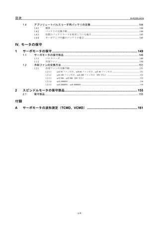目次                                                                                                                                                                          B-65285JA/04


     1.4       アブソリュートパルスコーダ用バッテリの交換 .................................................................144
               1.4.1        概要 ..................................................................................................................................................144
               1.4.2        バッテリの交換手順 ......................................................................................................................144
               1.4.3        別置のバッテリケースを使用している場合 ...............................................................................145
               1.4.4        サーボアンプ内蔵のバッテリの場合...........................................................................................145

IV. モータの保守
1    サーボモータの保守 ............................................................................................... 149
     1.1       サーボモータの保守部品 .....................................................................................................149
               1.1.1        パルスコーダ ..................................................................................................................................149
               1.1.2        冷却ファン ......................................................................................................................................150
     1.2       冷却ファンの交換方法 .........................................................................................................151
               1.2.1        冷却ファンの交換手順 ..................................................................................................................151
                            1.2.1.1          αiS 50 ファン付き、αiS 60 ファン付き、αiF 40 ファン付き.................................................... 151
                            1.2.1.2          αiS 100 ファン付き、αiS 200 ファン付き（HV 含む）............................................................. 153
                            1.2.1.3          αiS 300、αiS 500（HV 含む） ....................................................................................................... 153
                            1.2.1.4          αiS 1000HV ....................................................................................................................................... 154
                            1.2.1.5          αiS 2000HV、αiS 3000HV .............................................................................................................. 154

2    スピンドルモータの保守部品................................................................................. 155
     2.1       保守部品...............................................................................................................................155

付録
A    サーボモータの波形測定（TCMD、VCMD） ........................................................ 161




                                                                                 c-6
 