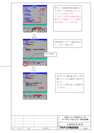 SV アンプ診断情報の値を確認しま
                      す。SV アンプ診断情報は「0」もし
                      くは「１」を表示します。
                      サーボアンプの自己診断時に動力
                      線やモータ巻線のショートが検出
                      された場合、「１」となります。




                      故障診断ガイダンス画面を表示
                      し、「はい」を押します。




                [はい]を押す




                          ガイダンスに動力線又はモータ巻
                          線のショートの可能性が示唆され
                          ました。
                          メッセージ内容に従って処置を行
                          って下さい。




                          名     30+-B シリーズ用α+シリーズ
                          称   サーボアンプ立ち上げ・保守説明書

                          図

                          番        B-65285JA/03-02/02
                                                  ペ
版   年月日   設計   変更内容                               ｜
                                                  ジ     38/74
 
