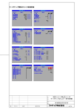 サーボアンプ関係のモニタ画面詳細




                          名     30+-B シリーズ用α+シリーズ
                          称   サーボアンプ立ち上げ・保守説明書

                          図

                          番      B-65285JA/03-02/02
                                                ペ
版   年月日   設計       変更内容                         ｜
                                                ジ     41/74
 