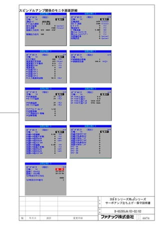 スピンドルアンプ関係のモニタ画面詳細




                       名     30+-B シリーズ用α+シリーズ
                       称   サーボアンプ立ち上げ・保守説明書

                       図

                       番      B-65285JA/03-02/02
                                             ペ
版   年月日   設計    変更内容                         ｜
                                             ジ     44/74
 