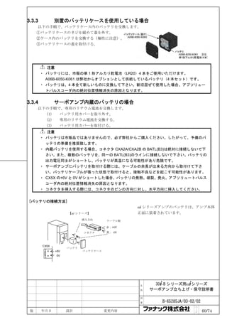 3.3.3          別置のバッテリケースを使用している場合
     以下の手順で、バッテリケース内のバッテリを交換します。
     ①バッテリケースのネジを緩めて蓋を外す。
     ②ケース内のバッテリを交換する（極性に注意）。
     ③バッテリケースの蓋を取付ける。




           注意
        ・ バッテリには、市販の単 1 形アルカリ乾電池（LR20）4 本をご使用いただけます。
          A06B-6050-K061 は弊社からオプションとして供給しているバッテリ（4 本セット）です。
        ・ バッテリは、4 本全て新しいものに交換して下さい。新旧混ぜて使用した場合、アブソリュー
          トパルスコーダ内の絶対位置情報消失の原因となります。


3.3.4          サーボアンプ内蔵のバッテリの場合
     以下の手順で、専用のリチウム電池を交換します。
       （1） バッテリ用カバーを取り外す。
       （2） 専用のリチウム電池を交換する。
       （3） バッテリ用カバーを取付ける。
           注意
        ・ バッテリは市販品ではありませんので、必ず弊社からご購入ください。したがって、予備のバ
          ッテリの準備を推奨致します。
        ・ 内蔵バッテリを使用する場合、コネクタ CXA2A/CXA2B の BATL(B3)は絶対に接続しないで下
          さい。また、複数のバッテリを、同一の BATL(B3)のラインに接続しないで下さい。バッテリの
          出力電圧同士がショートし、バッテリが高温になる可能性があり危険です。
        ・ サーボアンプにバッテリを取付ける際には、ケーブルの余長が出来る方向から取付けて下さ
          い。バッテリケーブルが張った状態で取付けると、接触不良などを起こす可能性があります。
        ・ CX5X の+6V と 0V がショートした場合、バッテリの発熱、破裂、発火、アブソリュートパルス
          コーダ内の絶対位置情報消失の原因となります。
        ・ コネクタを挿入する際には、コネクタのピンの方向に対し、水平方向に挿入してください。


[バッテリの接続方法]
                                              αi シリーズアンプのバッテリは、アンプ本体
                     【αi シリーズ】                正面に装着されています。
                            挿入方向      ケーブル側

                                      赤：+6V
                            コネクタ      黒： 0V



        CX5X
                     バッテリ
               +6V          バッテリケース
               0V




                                              名     30+-B シリーズ用α+シリーズ
                                              称   サーボアンプ立ち上げ・保守説明書

                                              図

                                              番      B-65285JA/03-02/02
                                                                    ペ
 版      年月日          設計               変更内容                          ｜
                                                                    ジ     60/74
 