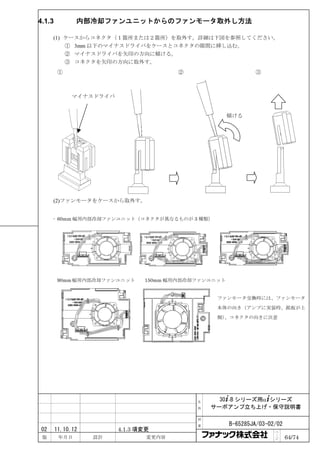 4.1.3          内部冷却ファンユニットからのファンモータ取外し方法

      (1) ケースからコネクタ（１箇所または２箇所）を取外す。詳細は下図を参照してください。
          ① 3mm 以下のマイナスドライバをケースとコネクタの隙間に挿し込む。
          ② マイナスドライバを矢印の方向に傾ける。
          ③ コネクタを矢印の方向に取外す。
         ①                              ②                     ③



              マイナスドライバ


                                                      傾ける




      (2)ファンモータをケースから取外す。


      . 60mm 幅用内部冷却ファンユニット（コネクタが異なるものが 3 種類）




         90mm 幅用内部冷却ファンユニット     150mm 幅用内部冷却ファンユニット


                                                 ファンモータ交換時には、ファンモータ

                                                 本体の向き（アンプに実装時、銘板が上
                                                  、コネクタの向きに注意
                                                 側）




                                            名     30+-B シリーズ用α+シリーズ
                                            称   サーボアンプ立ち上げ・保守説明書

                                            図

                                            番         B-65285JA/03-02/02
 02     11.10.12         4.1.3 項変更                                   ペ
 版       年月日       設計            変更内容                                ｜
                                                                     ジ     64/74
 