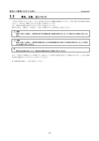 安全にご使用いただくために                                    B-65285JA/04



1.1      警告、注意、注について
 「安全にご使用いただくために」では、使用者の安全および機械の破損防止のために、安全に関する注意事項の程度
 に応じて、本文中に『警告』および『注意』の表記をしています。
 また、補足的な説明を記述するために『注』の表記をしています。
 使用する前に、『警告』、『注意』、『注』に記載されている事項をよく読んで下さい。

      警告
      取扱いを誤った場合に、使用者が死亡又は重傷を負う危険の状態が生じることが想定される場合に用いられ
      ます。


      注意
      取扱いを誤った場合に、使用者が軽傷を負うか又は物的損害のみが発生する危険の状態が生じることが想定
      される場合に用いられます。


  注
      警告又は注意以外のことで、補足的な説明を記述する場合に用いられます。

 なお、『注意』に記載されている事項でも、状況によっては重大な結果に結びつく可能性があります。いずれも重要
 な内容が記載されていますので、必ず守ってください。

 ※ 本説明書を熟読し、大切に保管して下さい。




                           s-2
 