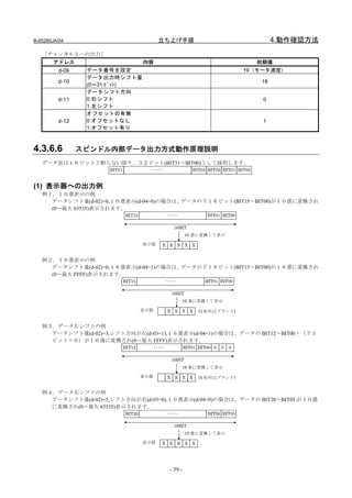 B-65285JA/04                                 立ち上げ手順                                                4.動作確認方法
   ［チャンネル２への出力］
     アドレス                            内容                                                       初期値
         d-09    データ番号を設定                                                               19（モータ速度）
                 データ出力時シフト量
         d-10                                                                                 18
                 (0～31 ﾋﾞｯﾄ)
                 データシフト方向
         d-11    0:右シフト                                                                        0
                 1:左シフト
                 オフセットの有無
         d-12    0:オフセットなし                                                                     1
                 1:オフセット有り



4.3.6.6         スピンドル内部データ出力方式動作原理説明
   データ長は１６ビットと断らない限り、３２ビット(BIT31～BIT00)として説明します。
                     BIT31             ･････                        BIT03 BIT02 BIT01 BIT00


(1) 表示器への出力例
   例１．１０進表示の例
     データシフト量(d-02)=0,１０進表示(d-04=0)の場合は、データの下１６ビット(BIT15～BIT00)が１０進に変換され
     (0～最大 65535)表示されます。
                             BIT15                  ･････                 BIT01 BIT00

                                                         16BIT
                                                                10 進に変換して表示

                                     表示器      X      X     X    X   X


   例２．１６進表示の例
     データシフト量(d-02)=0,１６進表示(d-04=1)の場合は、データの下１６ビット(BIT15～BIT00)が１６進に変換され
     (0～最大 FFFF)表示されます。
                             BIT15                 ･････                 BIT01 BIT00

                                                        16BIT
                                                               16 進に変換して表示

                                     表示器            X    X     X    X   (5 桁めはブランク)


   例３．データ左シフトの例
     データシフト量(d-02)=3,シフト方向が左(d-03=1),１６進表示(d-04=1)の場合は、データの BIT12～BIT00＋（下３
     ビット＝０）が１６進に変換され(0～最大 FFFF)表示されます。
                             BIT12         ･････               BIT01 BIT00 0   0   0

                                                        16BIT
                                                               16 進に変換して表示

                                     表示器            X X        X X      (5 桁めはブランク)


   例４．データ右シフトの例
     データシフト量(d-02)=5,シフト方向が右(d-03=0),１０進表示(d-04=0)の場合は、データの BIT20～BIT05 が１０進
     に変換され(0～最大 65535)表示されます。
                             BIT20                  ･････                 BIT06 BIT05

                                                         16BIT
                                                                10 進に変換して表示

                                     表示器      X      X     X    X   X




                                                     - 39 -
 