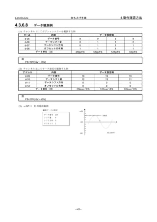 B-65285JA/04                        立ち上げ手順                                         4.動作確認方法

4.3.6.8          データ観測例
   (1) チャンネル１にてポジションエラーを観測する例
       ｱﾄﾞﾚｽ       内容                                   データ設定例
         d-05          データ番号            9              9                    9             9
         d-06         データシフト量           0              1                    1             2
         d-07        データシフト方向           0              1                    1             1
         d-08        オフセットの有無           1              1                    1             1
                 データ単位（注）            256p/FS        512p/FS              128p/FS        64p/FS

     注
         FS=10V(-5V～+5V)

   (2) チャンネル２にてモータ速度を観測する例
       アドレス        内容                                   データ設定例
         d-09          データ番号              19                 19                         19
         d-10         データシフト量             12                 13                         11
         d-11        データシフト方向              0                  0                         0
         d-12        オフセットの有無              0                  0                         0
                 データ単位（注）             256min-1/FS        512min-1/FS                128min-1/FS

     注
         FS=10V(-5V～+5V)

   (3) αiSP 11   U 相電流観測
                     観測データの設定
                                         +5V
                      データ番号   218                             100A
                      シフト量    8
                      シフト方向   0                         p
                                          0V
                      オフセット   1




                                         -5V                         33.3A/1V




                                     - 43 -
 