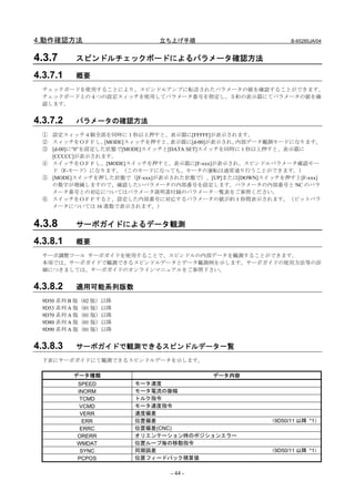 4.動作確認方法                     立ち上げ手順                          B-65285JA/04


4.3.7      スピンドルチェックボードによるパラメータ確認方法

4.3.7.1    概要
  チェックボードを使用することにより、スピンドルアンプに転送されたパラメータの値を確認することができます。
  チェックボード上の４つの設定スィッチを使用してパラメータ番号を指定し、５桁の表示器にてパラメータの値を確
  認します。


4.3.7.2    パラメータの確認方法
  ① 設定スィッチ４個全部を同時に１秒以上押すと、表示器に[FFFFF]が表示されます。
  ② スィッチをＯＦＦし、     [MODE]スィッチを押すと、表示器に[d-00]が表示され、内部データ観測モードになります。
  ③ [d-00]に”0”を設定した状態で[MODE]スイッチと[DATA SET]スイッチを同時に 1 秒以上押すと、表示器に
    [CCCCC]が表示されます。
  ④ スイッチをＯＦＦし、[MODE]スイッチを押すと、表示器に[F-xxx]が表示され、スピンドルパラメータ確認モー
    ド（F-モード）になります。（このモードになっても、モータの運転は通常通り行うことができます。）
  ⑤ [MODE]スイッチを押した状態で（[F-xxx]が表示された状態で）、[UP]または[DOWN]スイッチを押すと[F-xxx]
    の数字が増減しますので、確認したいパラメータの内部番号を設定します。パラメータの内部番号と NC のパラ
    メータ番号との対応についてはパラメータ説明書付録のパラメータ一覧表をご参照ください。
  ⑥ スイッチをＯＦＦすると、設定した内部番号に対応するパラメータの値が約 1 秒間表示されます。（ビットパラ
    メータについては 16 進数で表示されます。）


4.3.8      サーボガイドによるデータ観測

4.3.8.1    概要
  サーボ調整ツール サーボガイドを使用することで、スピンドルの内部データを観測することができます。
  本項では、サーボガイドで観測できるスピンドルデータとデータ観測例を示します。サーボガイドの使用方法等の詳
  細につきましては、サーボガイドのオンラインマニュアルをご参照下さい。


4.3.8.2    適用可能系列版数
  9D50 系列 B 版（02 版）以降
  9D53 系列 A 版（01 版）以降
  9D70 系列 A 版（01 版）以降
  9D80 系列 A 版（01 版）以降
  9D90 系列 A 版（01 版）以降


4.3.8.3    サーボガイドで観測できるスピンドルデータ一覧
  下表にサーボガイドにて観測できるスピンドルデータを示します。

          データ種類                        データ内容
           SPEED        モータ速度
           INORM        モータ電流の振幅
            TCMD        トルク指令
            VCMD        モータ速度指令
            VERR        速度偏差
             ERR        位置偏差                           （9D50/11 以降 *1）
            ERRC        位置偏差(CNC)
           ORERR        オリエンテーション時のポジションエラー
           WMDAT        位置ループ毎の移動指令
            SYNC        同期誤差                           （9D50/11 以降 *1）
           PCPOS        位置フィードバック積算値

                                - 44 -
 